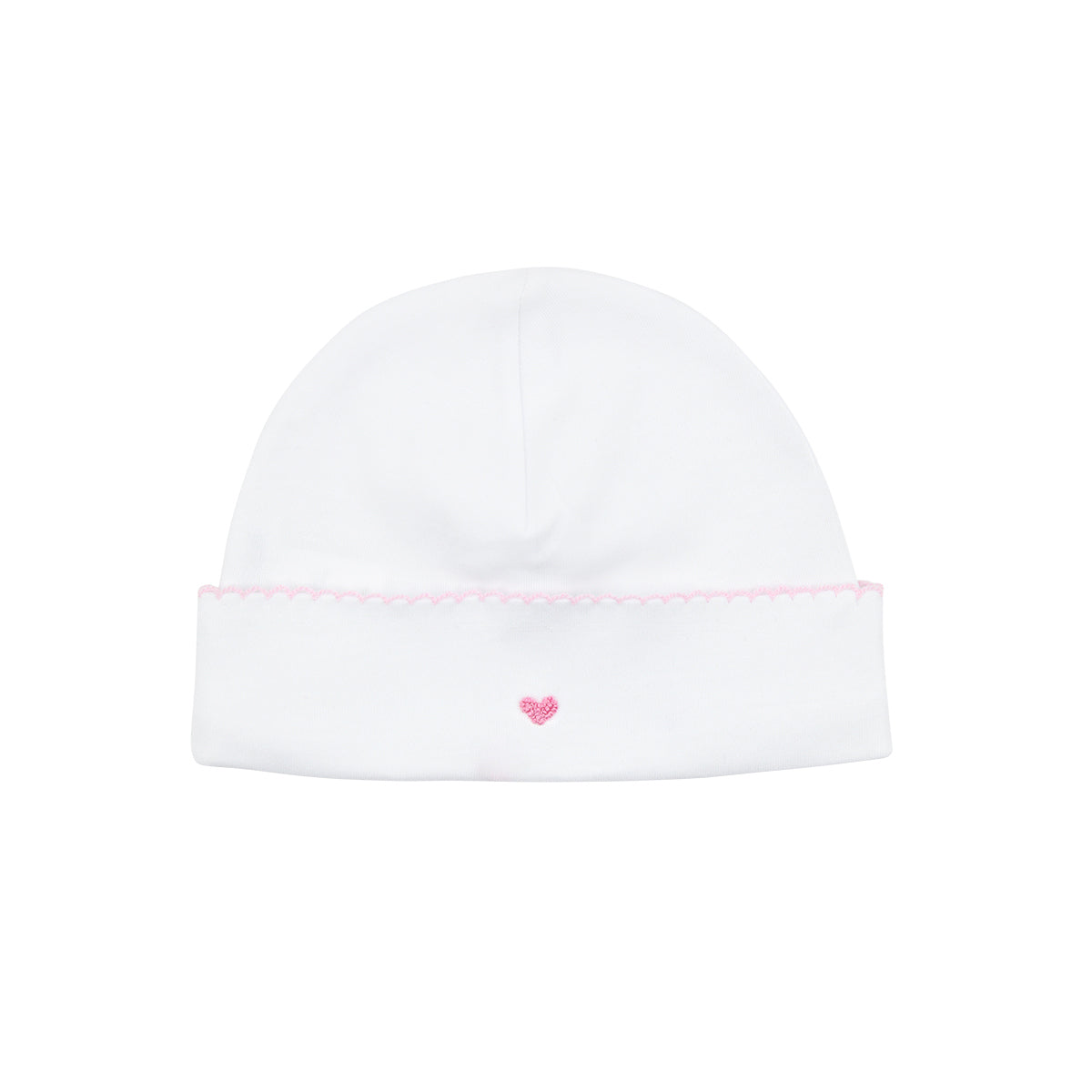 Luxury white baby girl hat with pink crochet trim and embroidered heart