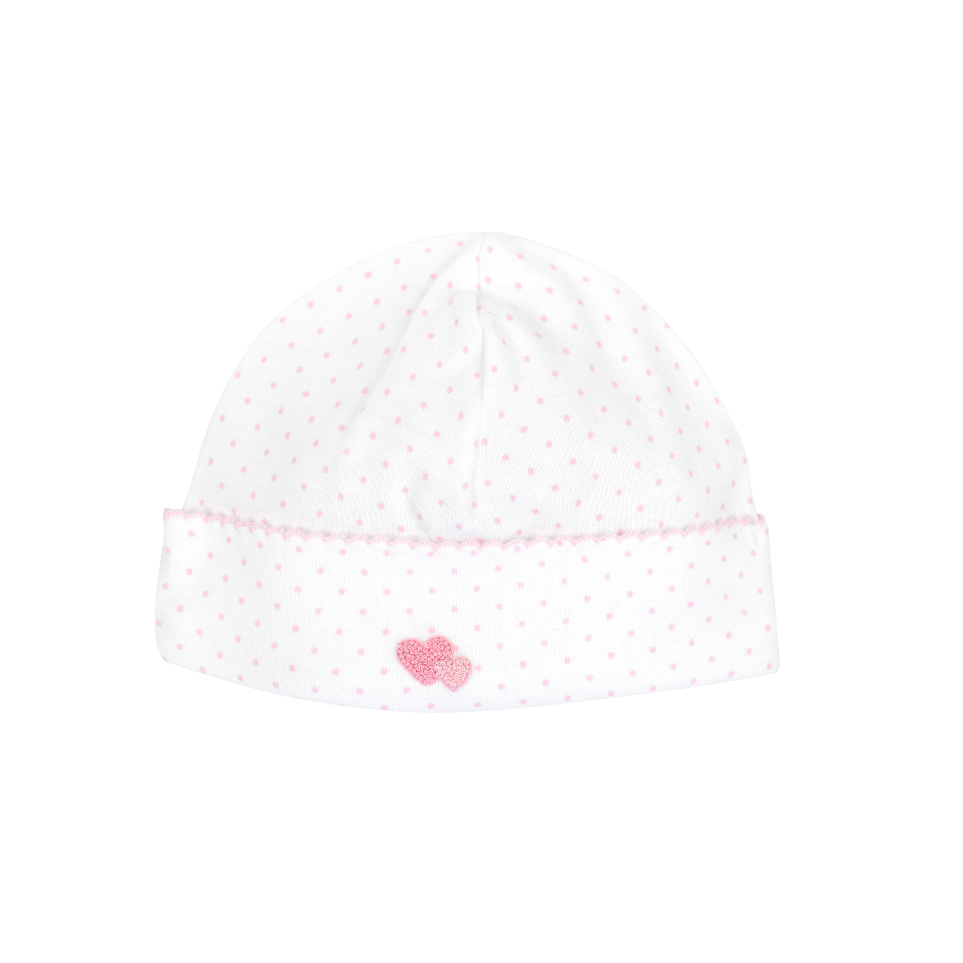 Baby girl hat in Pima cotton with double hearts embroidery and printed design — elegant, romantic, and baby-soft.
