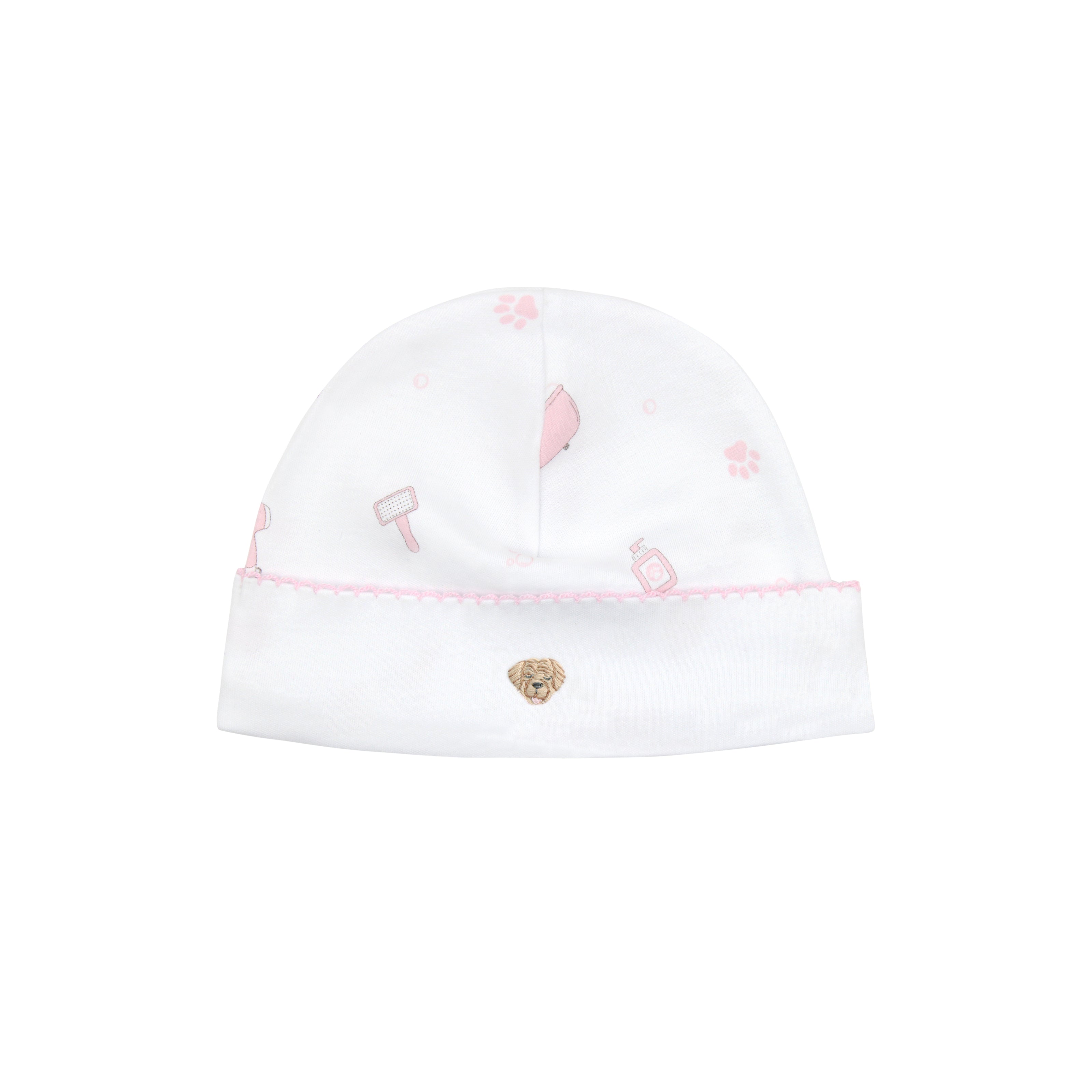 Baby girl hat in Pima cotton with embroidered pets and pink spa print — playful and ultra-soft.