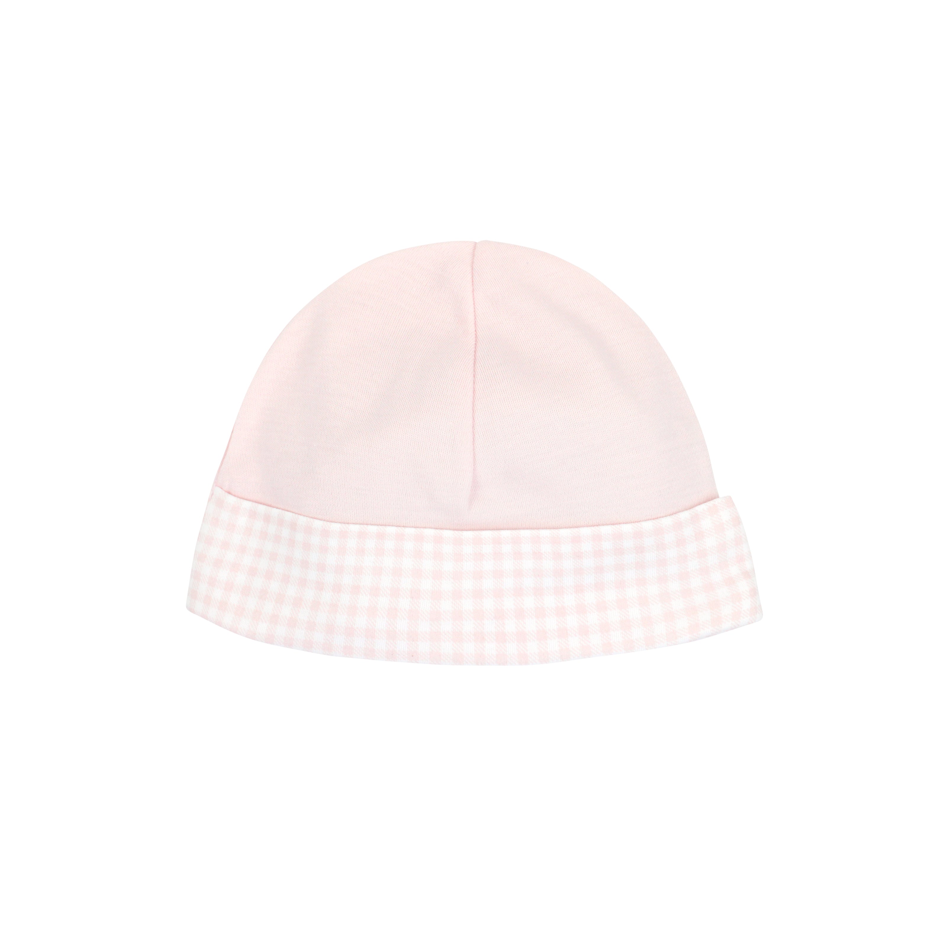 Baby girl hat in Peruvian Pima cotton with hand-embroidered flowers and pink gingham details — soft, elegant, and breathable.