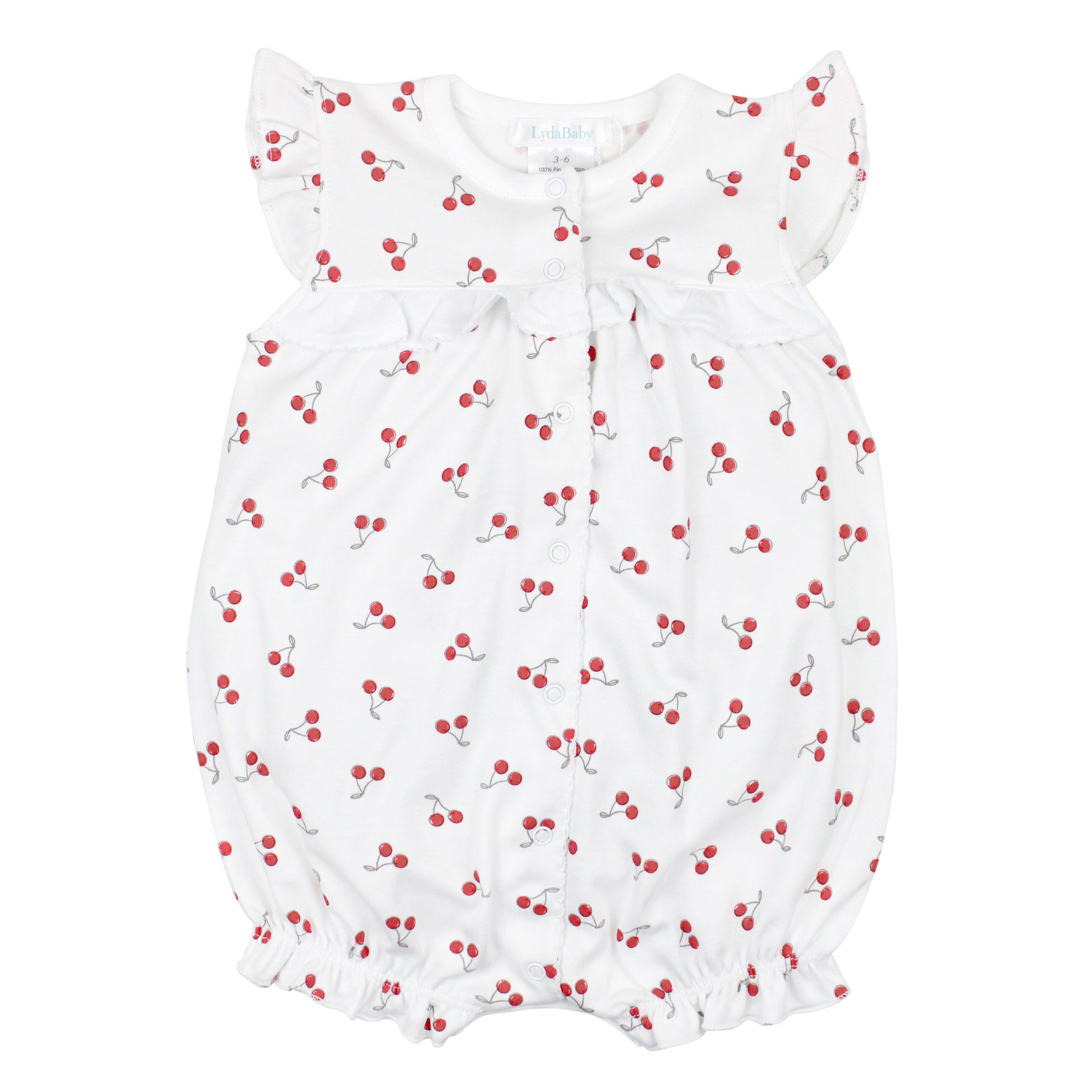 Charming baby girl romper in ultra-soft Peruvian Pima cotton, adorned with a sweet cherry print — playful elegance for every day.