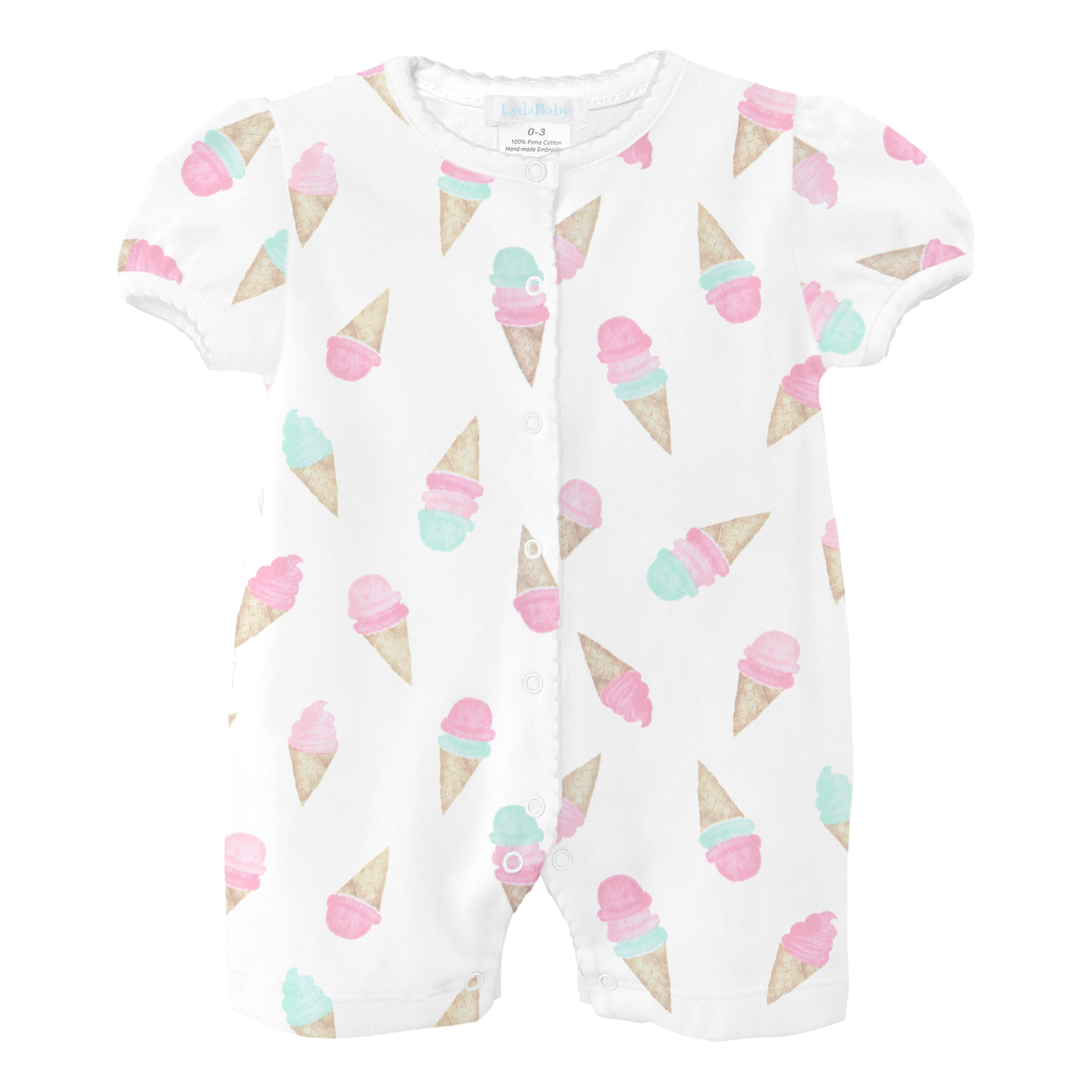 Delightful baby girl romper with a watercolor ice cream print, crafted from ultra-soft Peruvian Pima cotton — sweet and fresh for warm days.