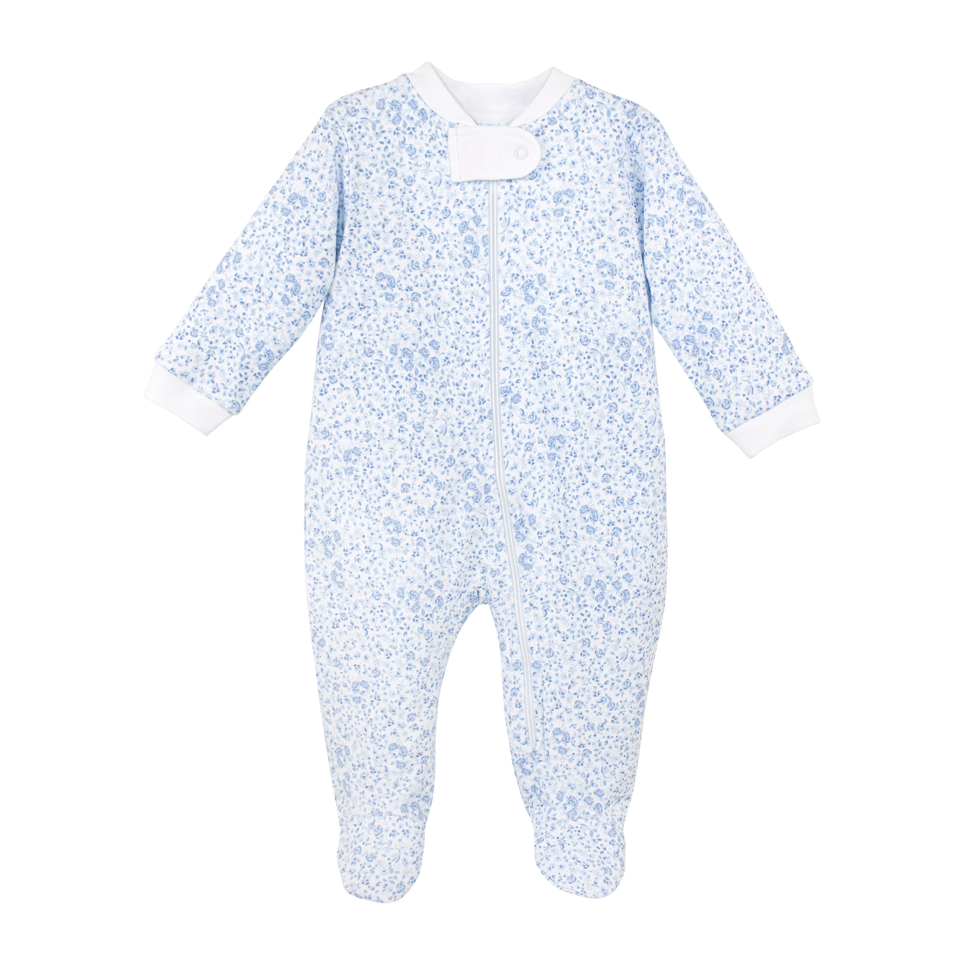 Elegant baby girl zipper featuring blue roses print on premium Peruvian Pima cotton — soft, breathable, and delicate.