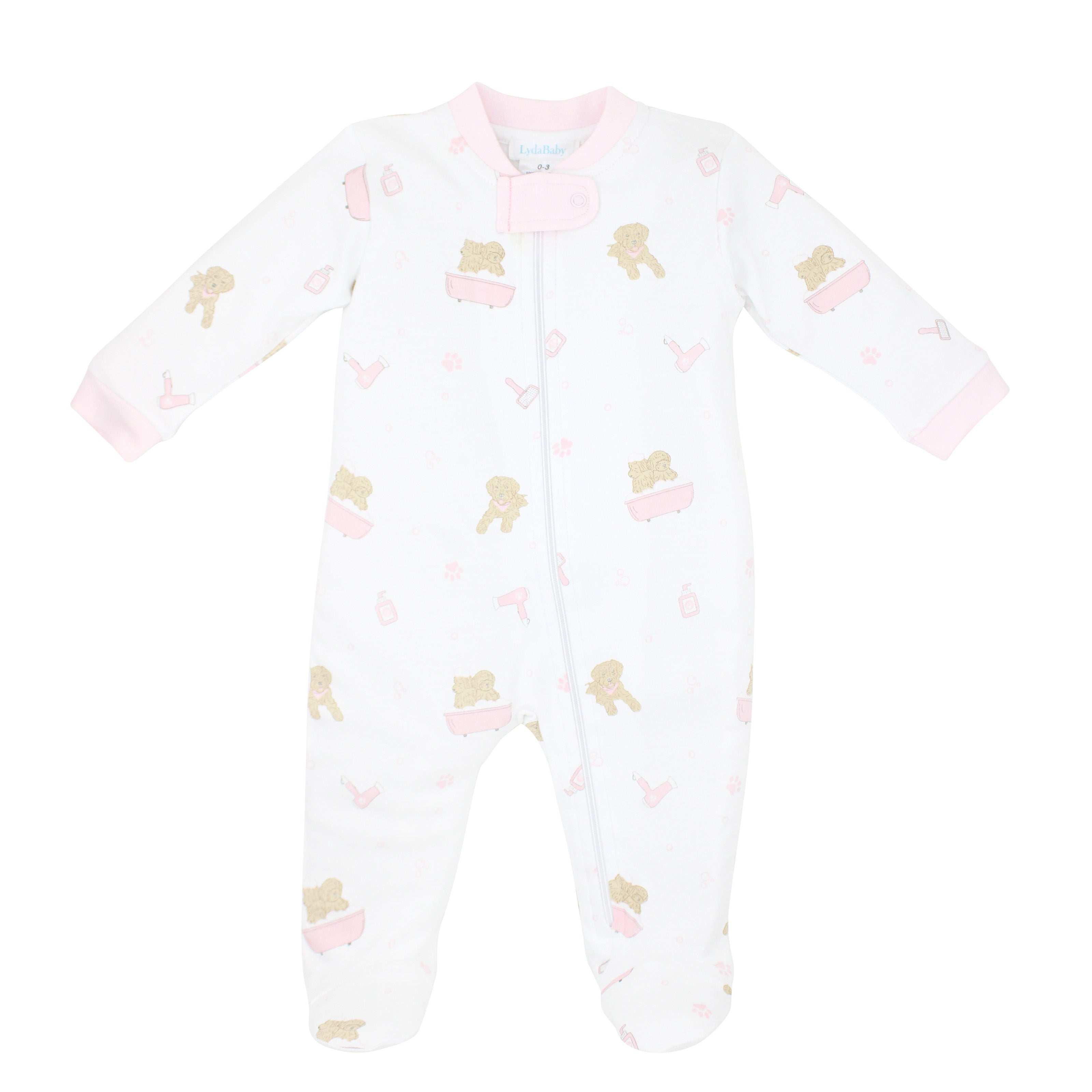 Adorable baby girl zipper printed with pet spa design on premium Peruvian Pima cotton — soft, breathable, and skin-friendly.