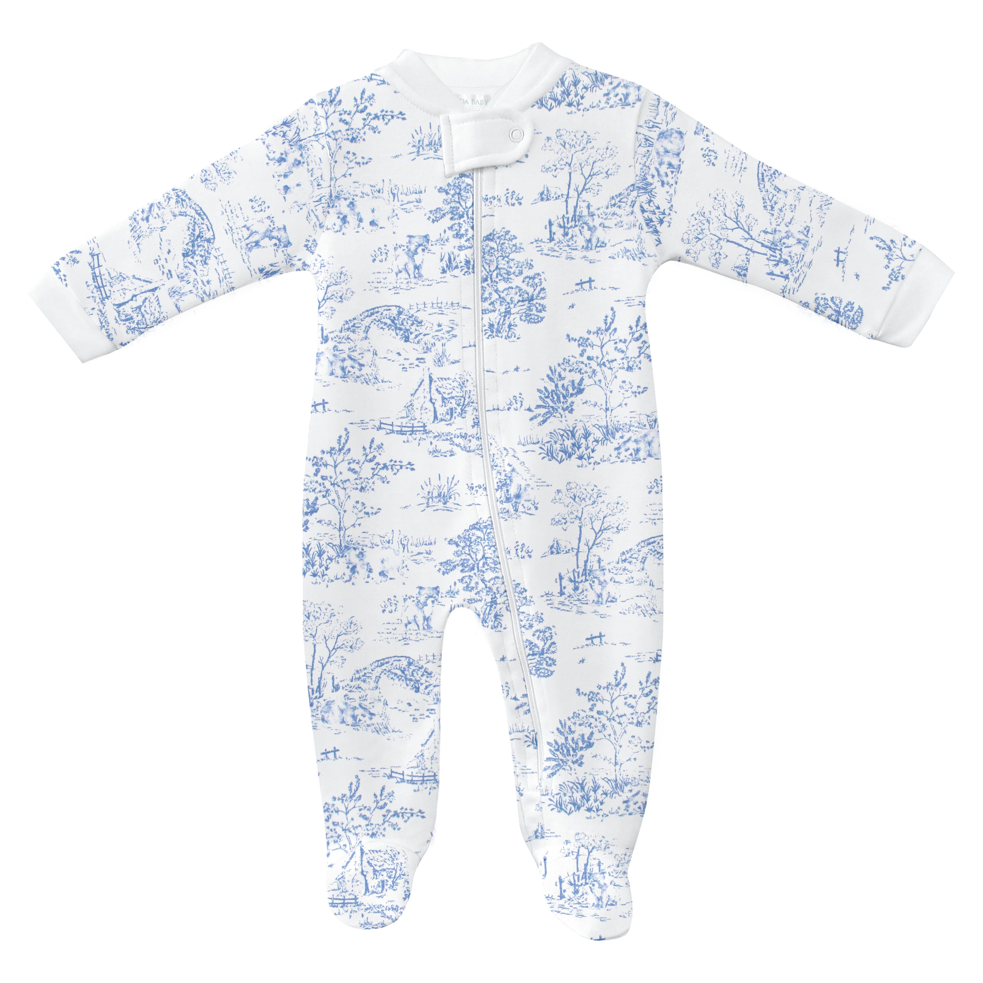 Classic baby girl zipper featuring toile de jouy print on soft organic Peruvian Pima cotton — breathable, gentle, and cozy.