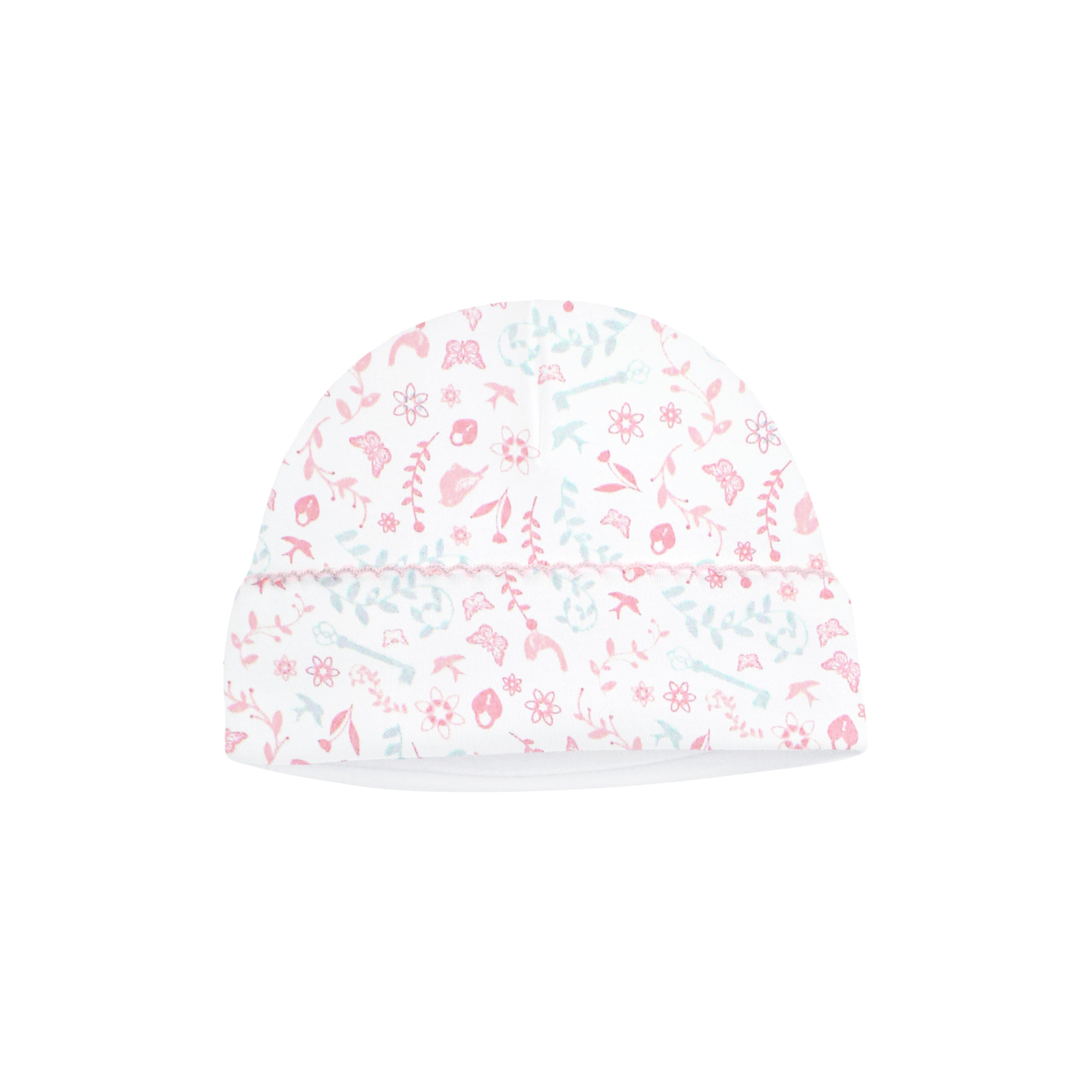 Baby girl hat featuring delicate birds and flowers on breathable Peruvian Pima cotton — perfect for soft, sensitive skin.