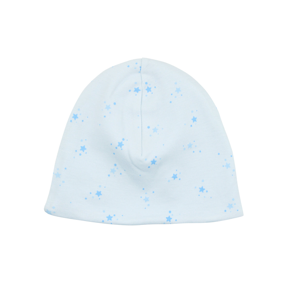 Soft baby boy hat with light blue bubble stars printed on premium Peruvian Pima cotton — ideal for protecting sensitive skin.