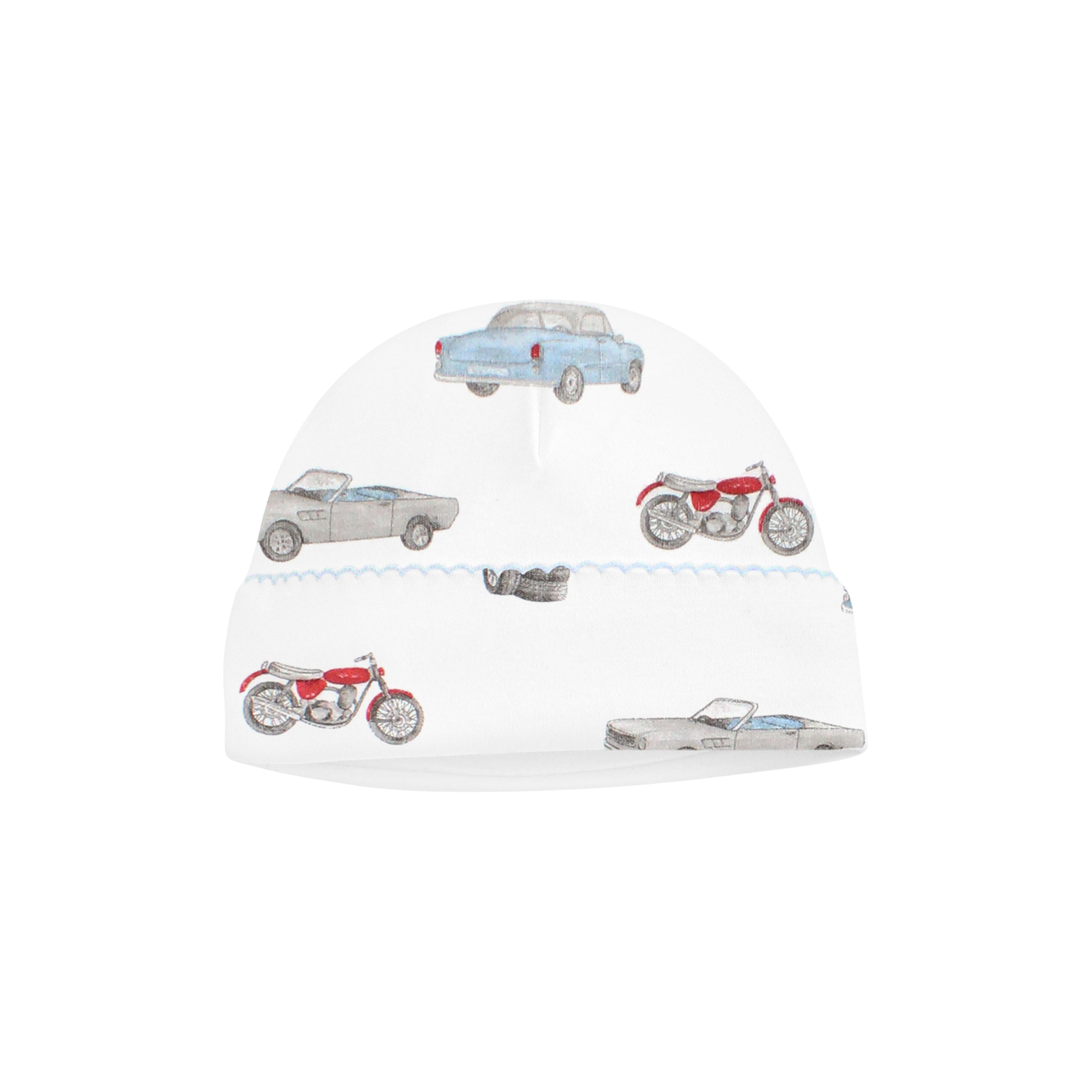 Baby boy hat featuring motor vehicles print on soft Peruvian Pima cotton — perfect for delicate skin and everyday adventures.
