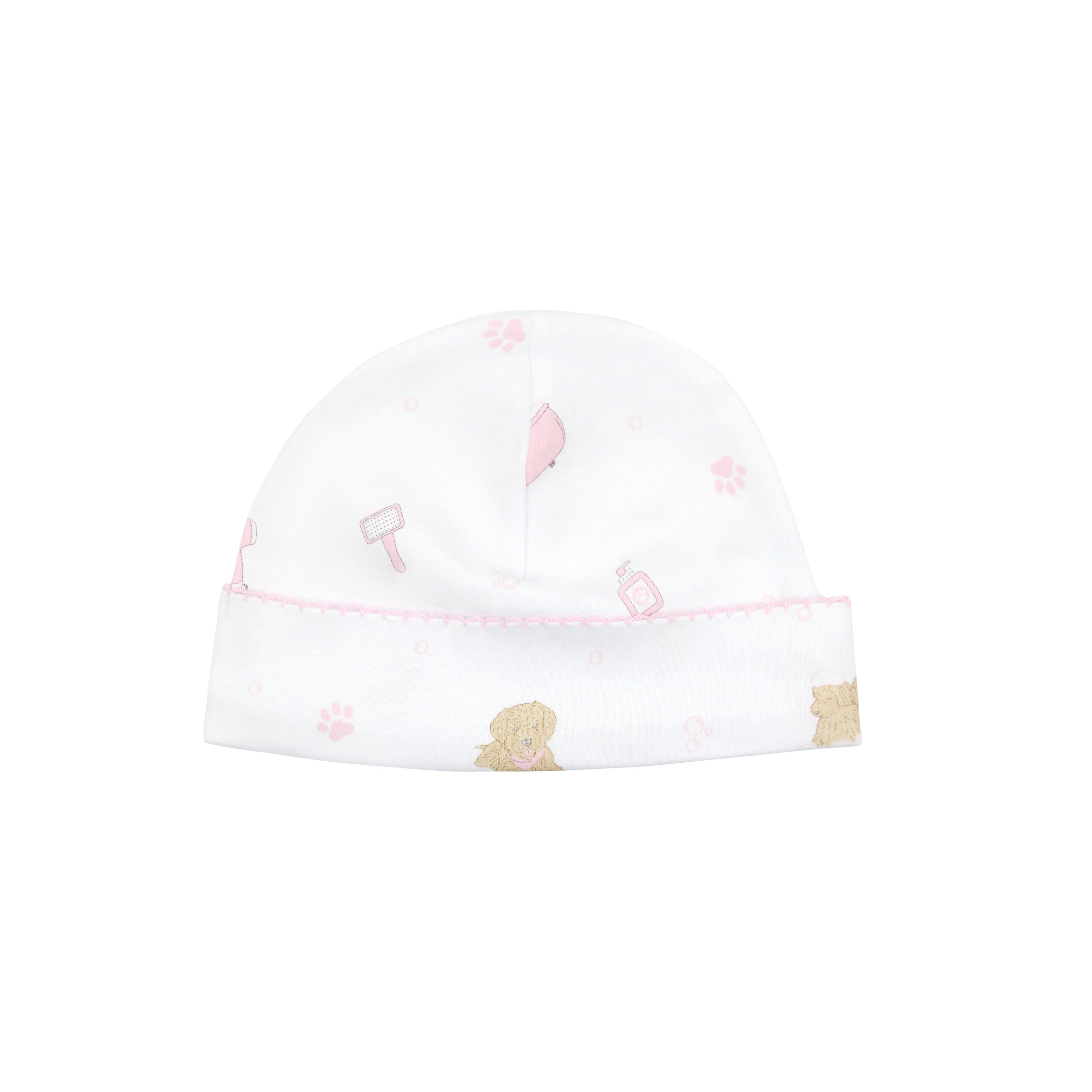 Adorable girl baby hat featuring pet spa print on organic Peruvian Pima cotton — breathable and perfect for sensitive skin.