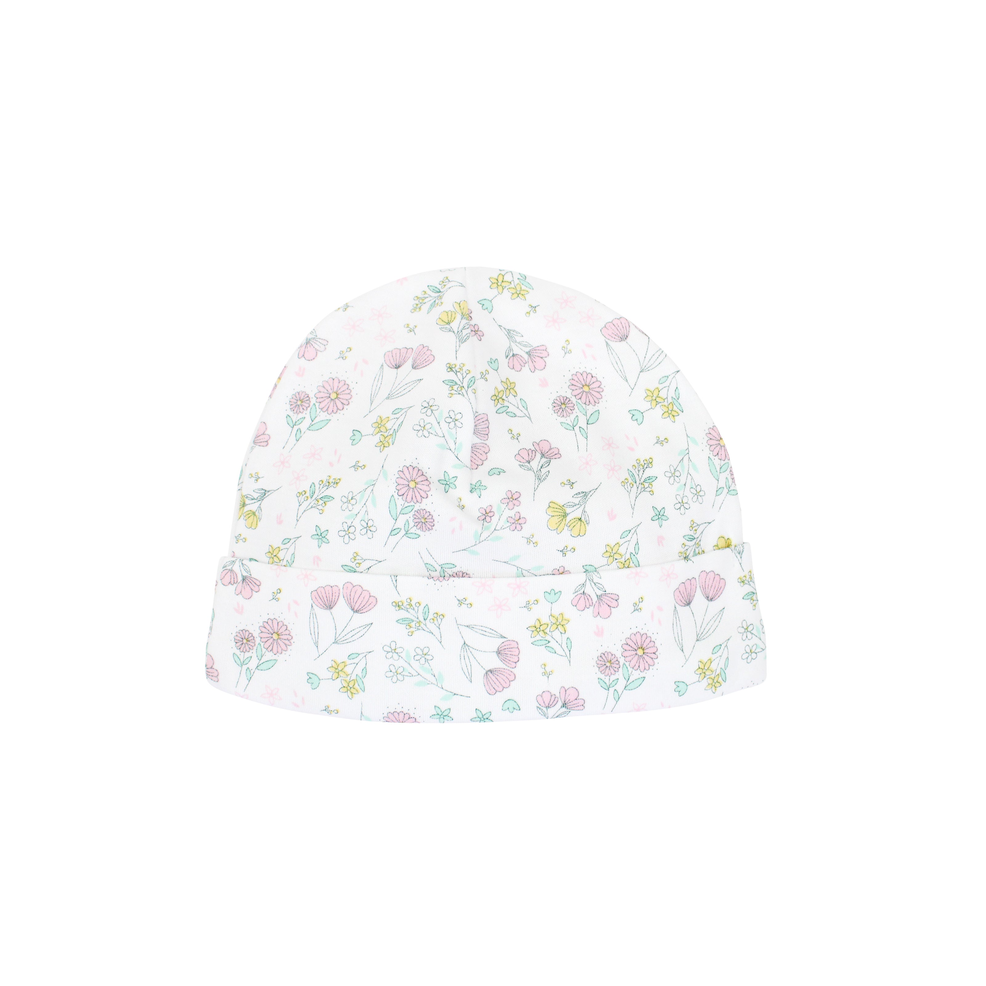 Beautiful baby girl hat with spring blossom prints on premium Peruvian Pima cotton — breathable and gentle for your baby’s comfort.