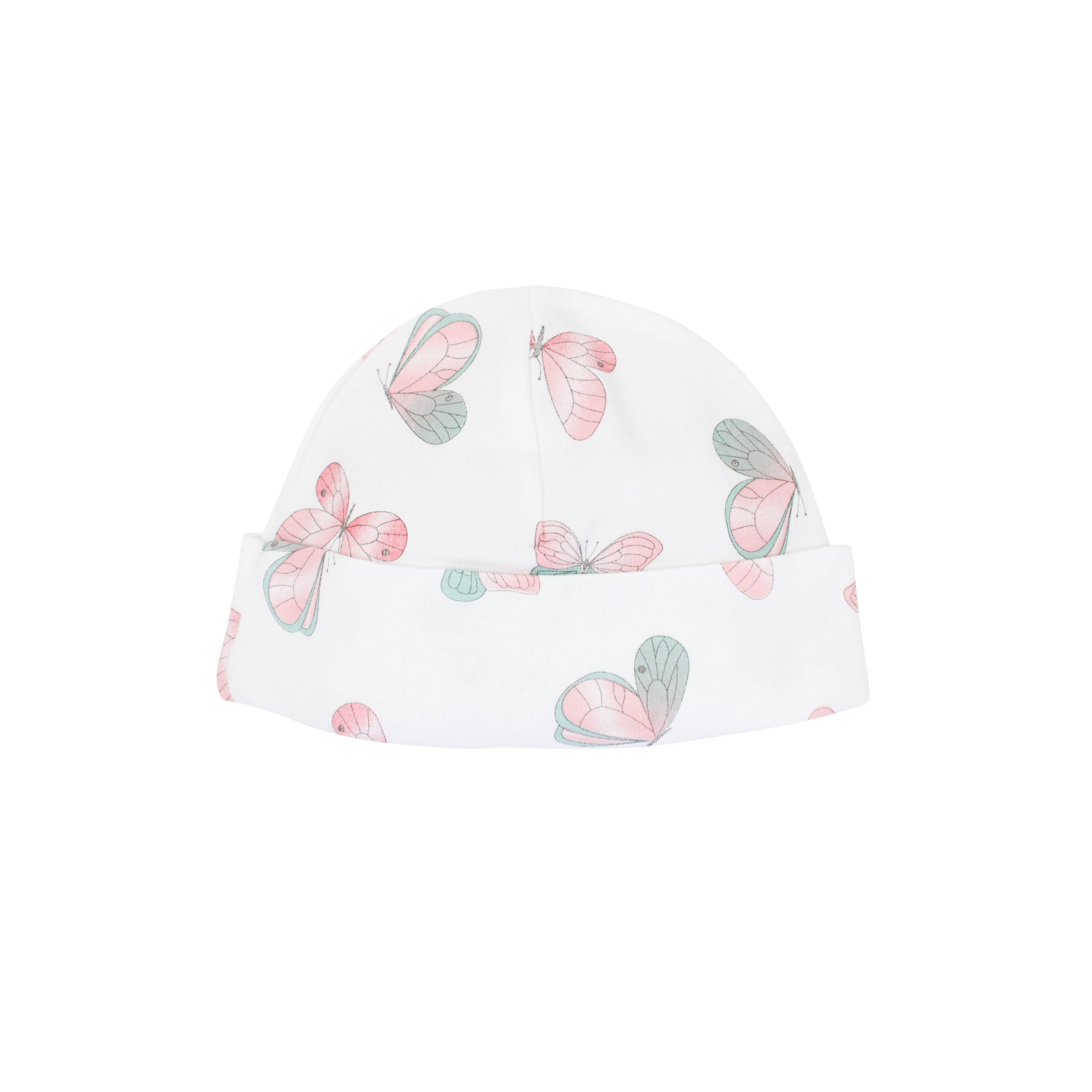 Delicate baby girl hat with watercolor butterflies on ultra-soft Peruvian Pima cotton — perfect for sensitive skin and gentle wear.