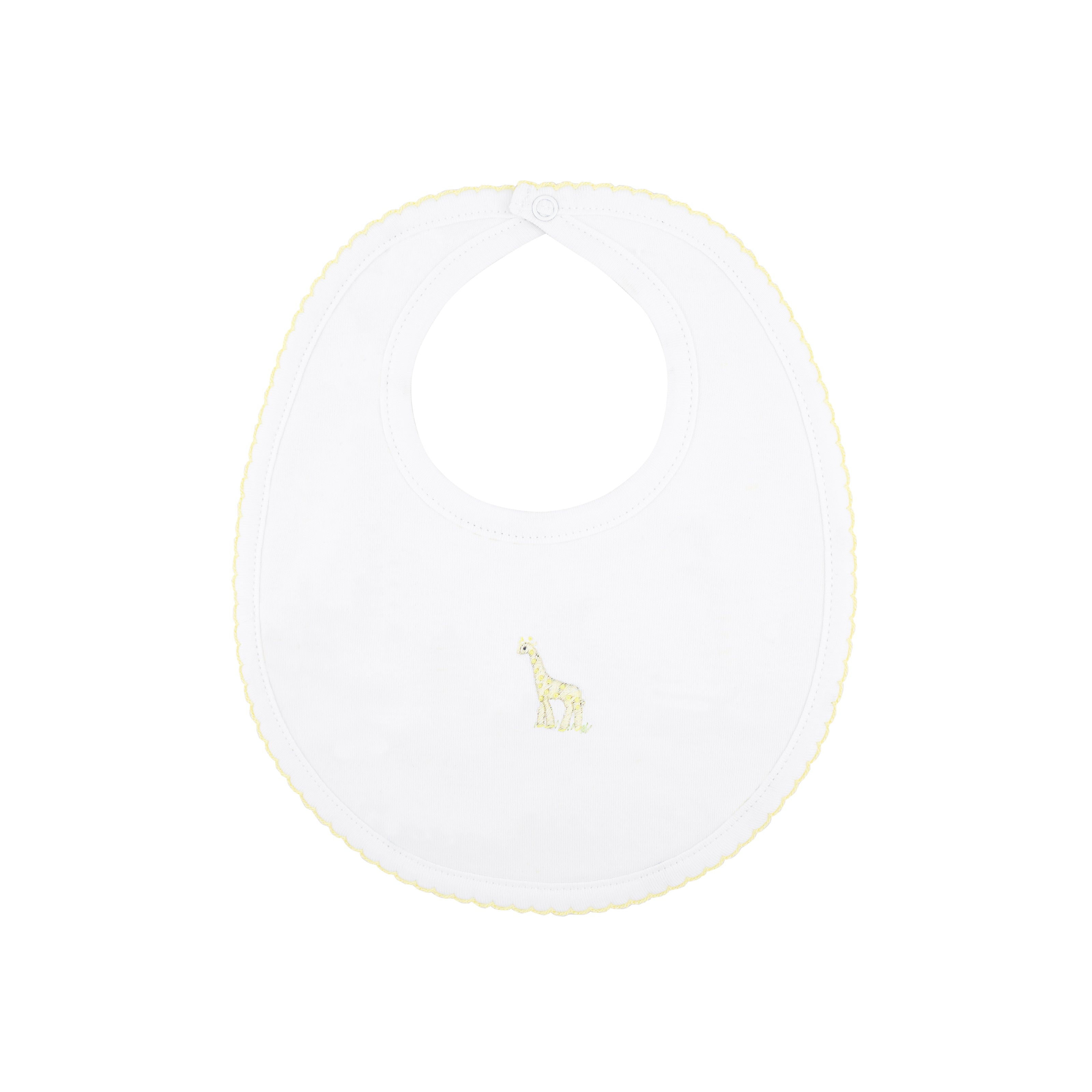 Bright unisex baby bib hand-embroidered with safari color design on premium Peruvian Pima cotton — soft, breathable, and artisan-crafted.