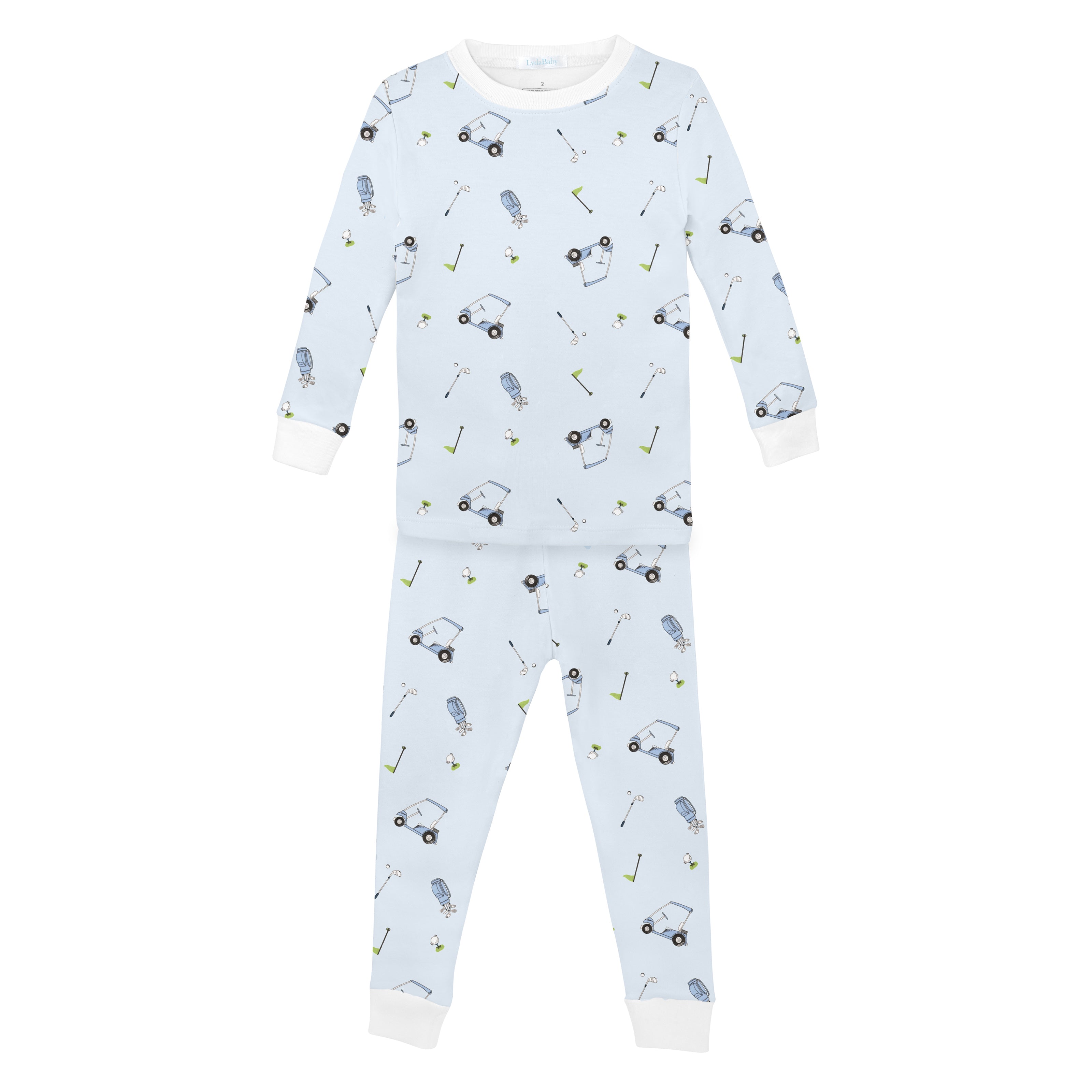 Relaxed two-piece pajama set in blue for boys, with a charming golf cart print — made from extra-soft Peruvian Pima cotton for dreamy comfort.