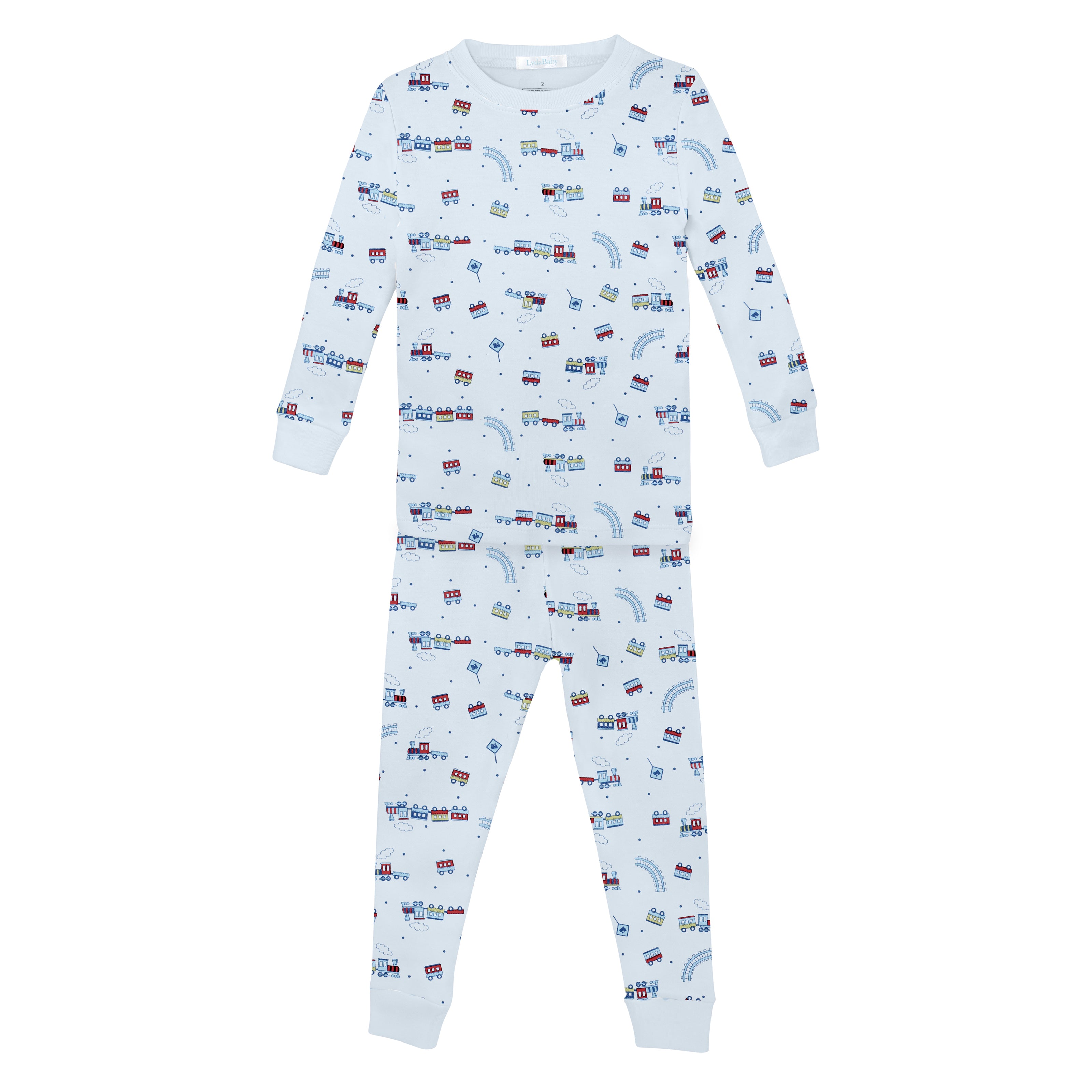 Comfortable blue pajama set for boys with an adorable little train print, crafted from ultra-soft Peruvian Pima cotton — breathable and durable.