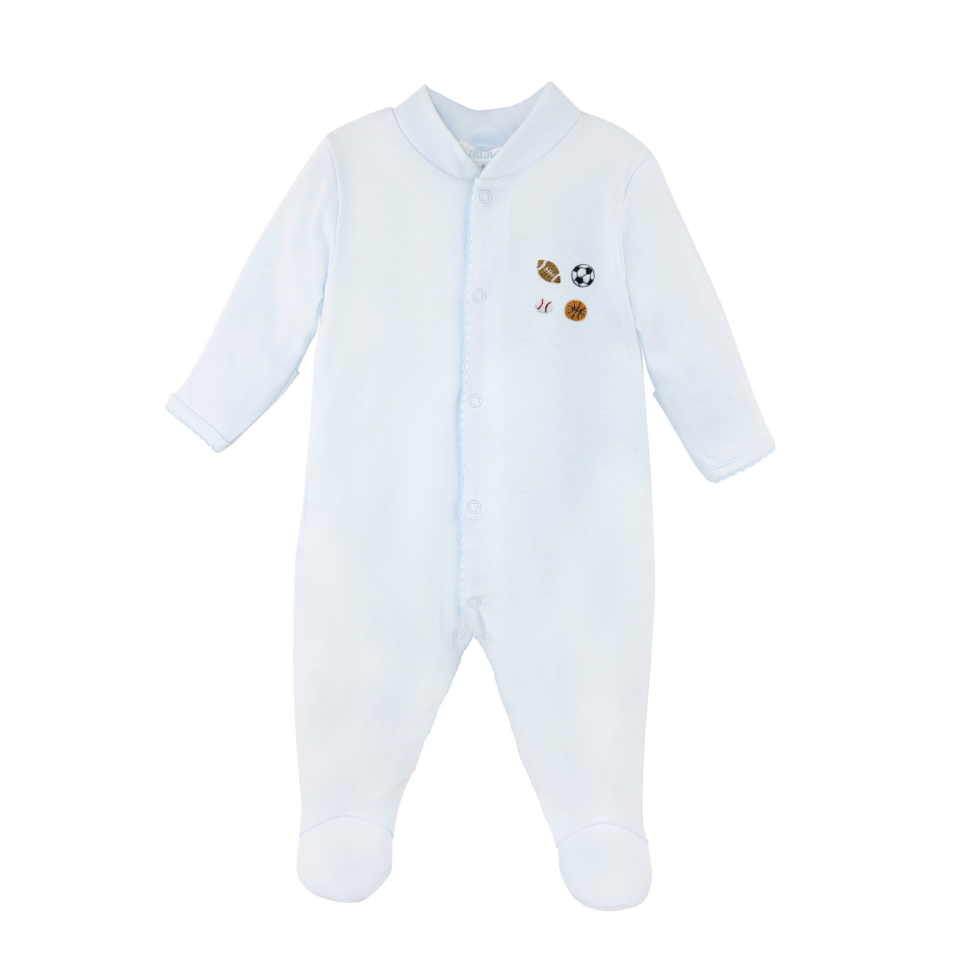Elegant baby boy footie with hand-embroidered sports motifs on premium Peruvian Pima cotton — cozy and hypoallergenic for everyday wear.