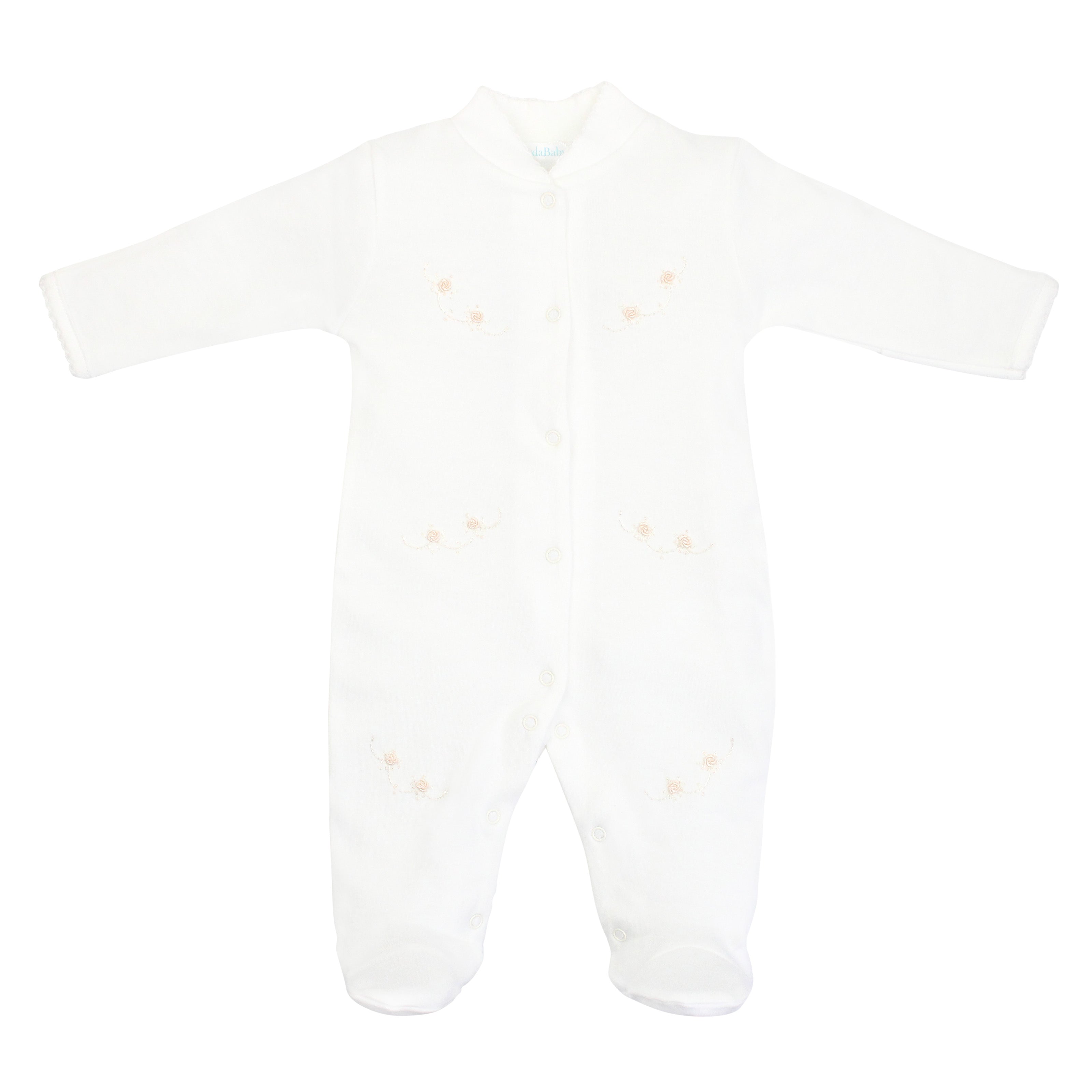 Delicate baby girl footie in soft Peruvian Pima cotton, hand-embroidered with sweet pastel flowers — luxurious, breathable, and gentle on sensitive skin.