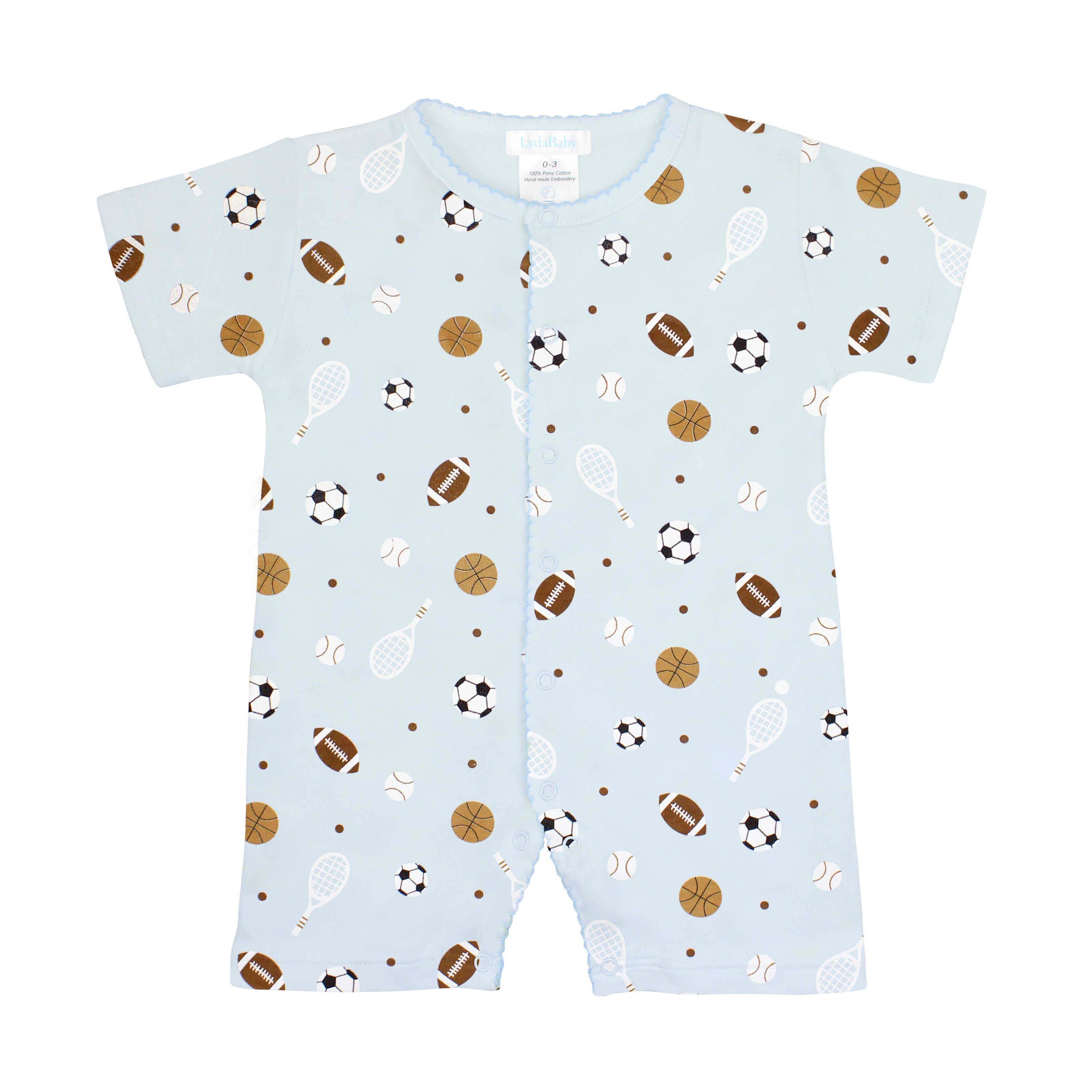 Baby romper with multi-sport ball print for boys, made in Peruvian Pima cotton.