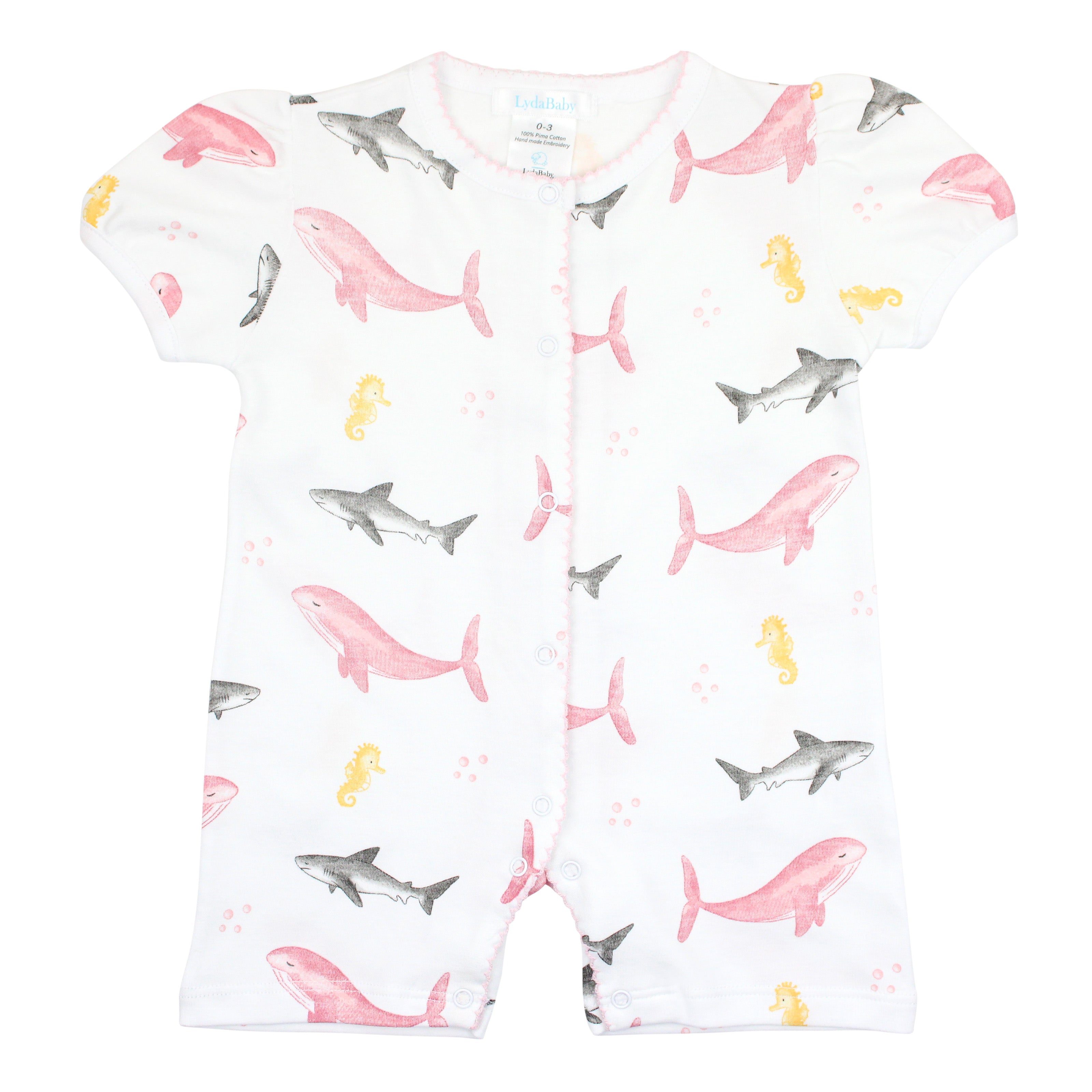 Baby girl romper with sea animals pattern, made from high-quality Peruvian Pima cotton.