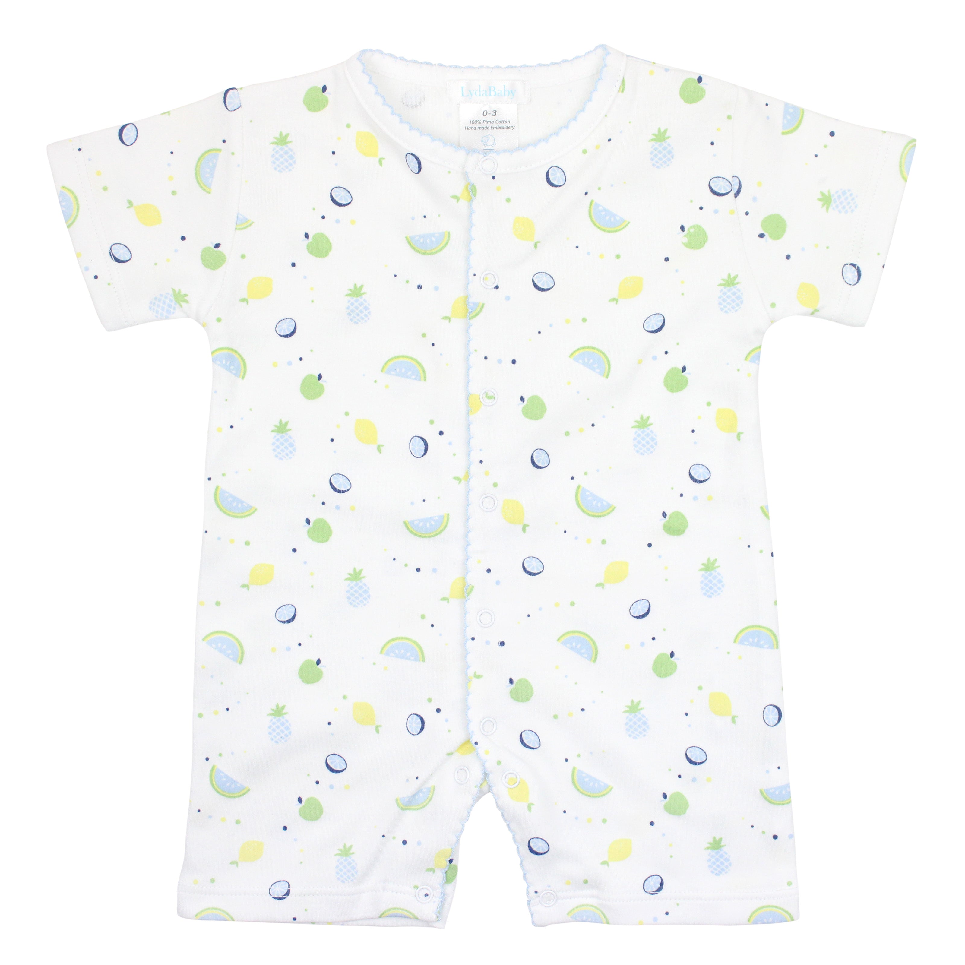 Summer fruit print romper for boys in soft Peruvian Pima cotton.