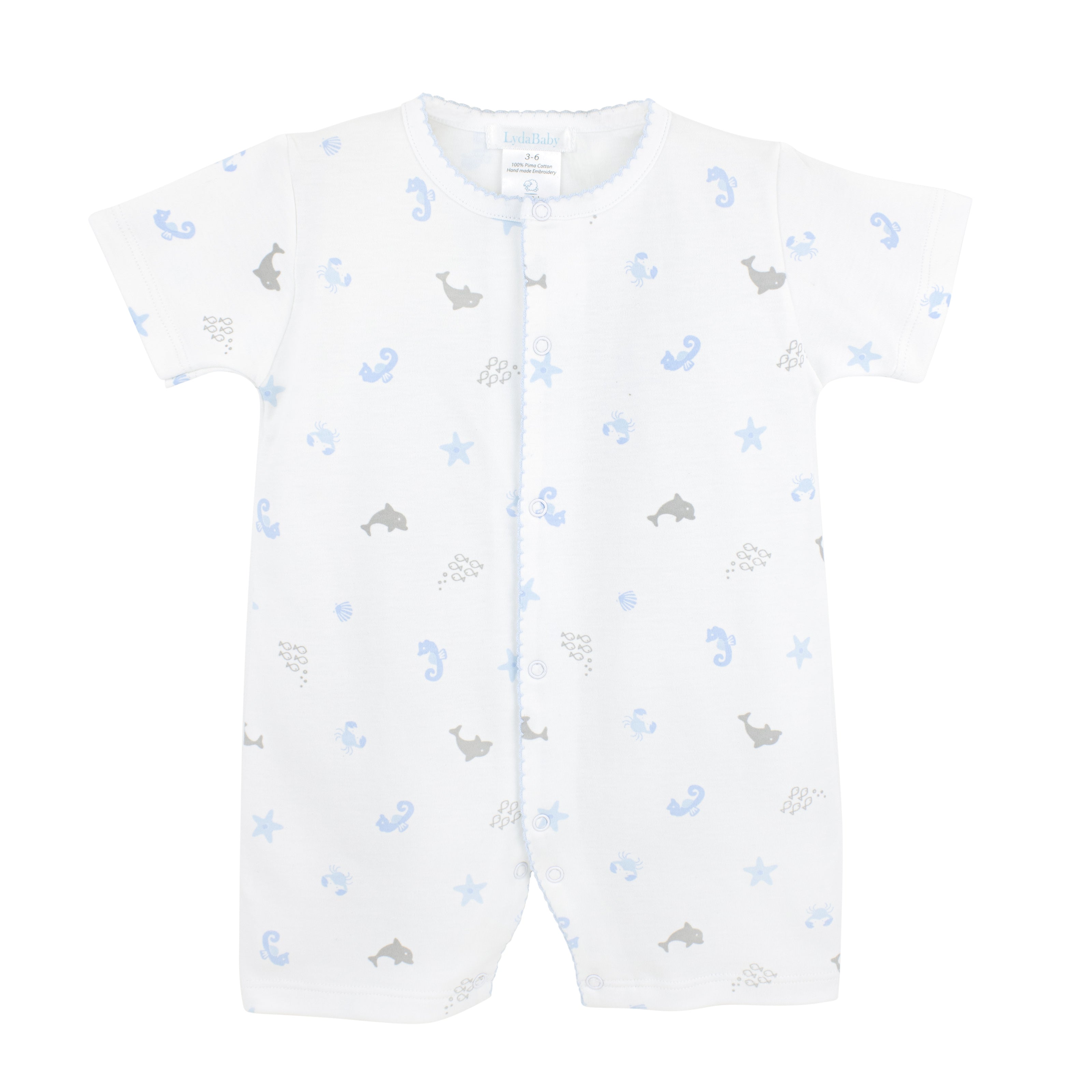 Light blue romper for boys with under-the-sea print, made in soft Peruvian Pima cotton.