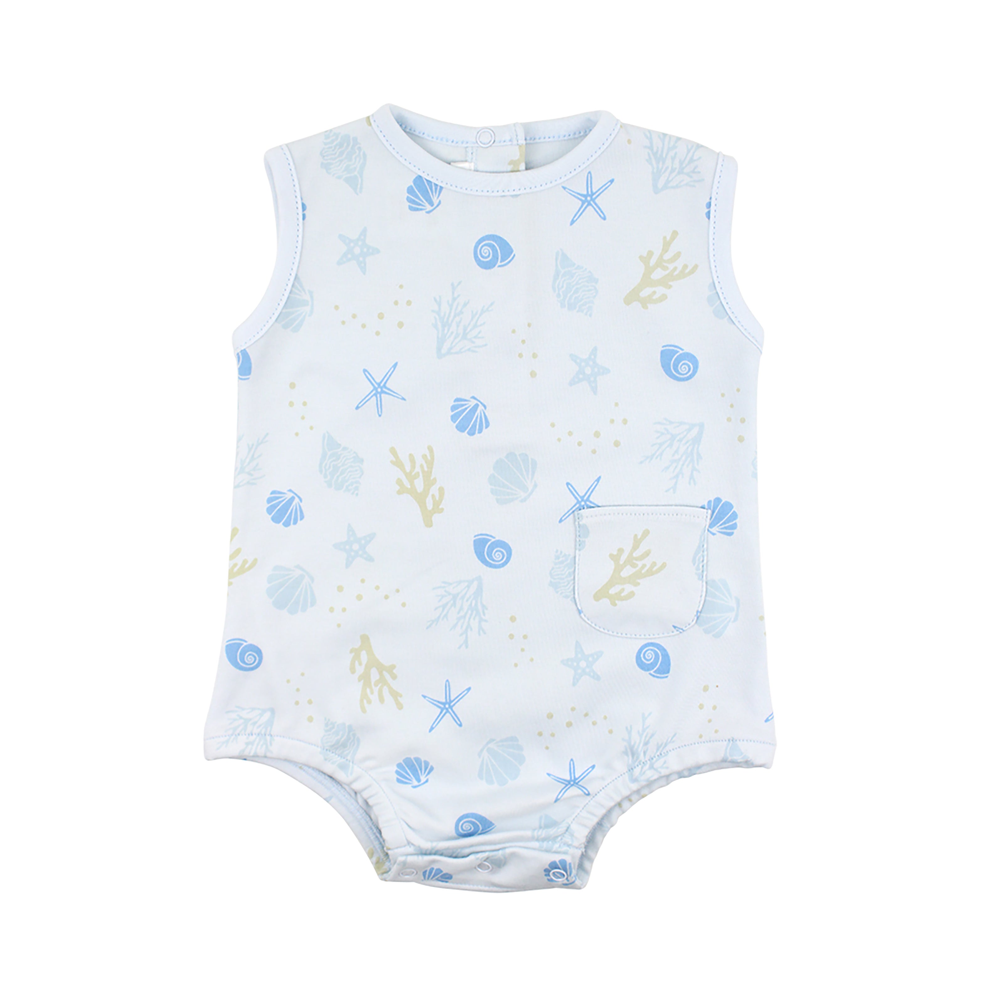 Sleeveless baby boy bodysuit with seashells print on ultra-soft Peruvian Pima cotton — breathable, lightweight, and ideal for warm weather and sensitive skin.