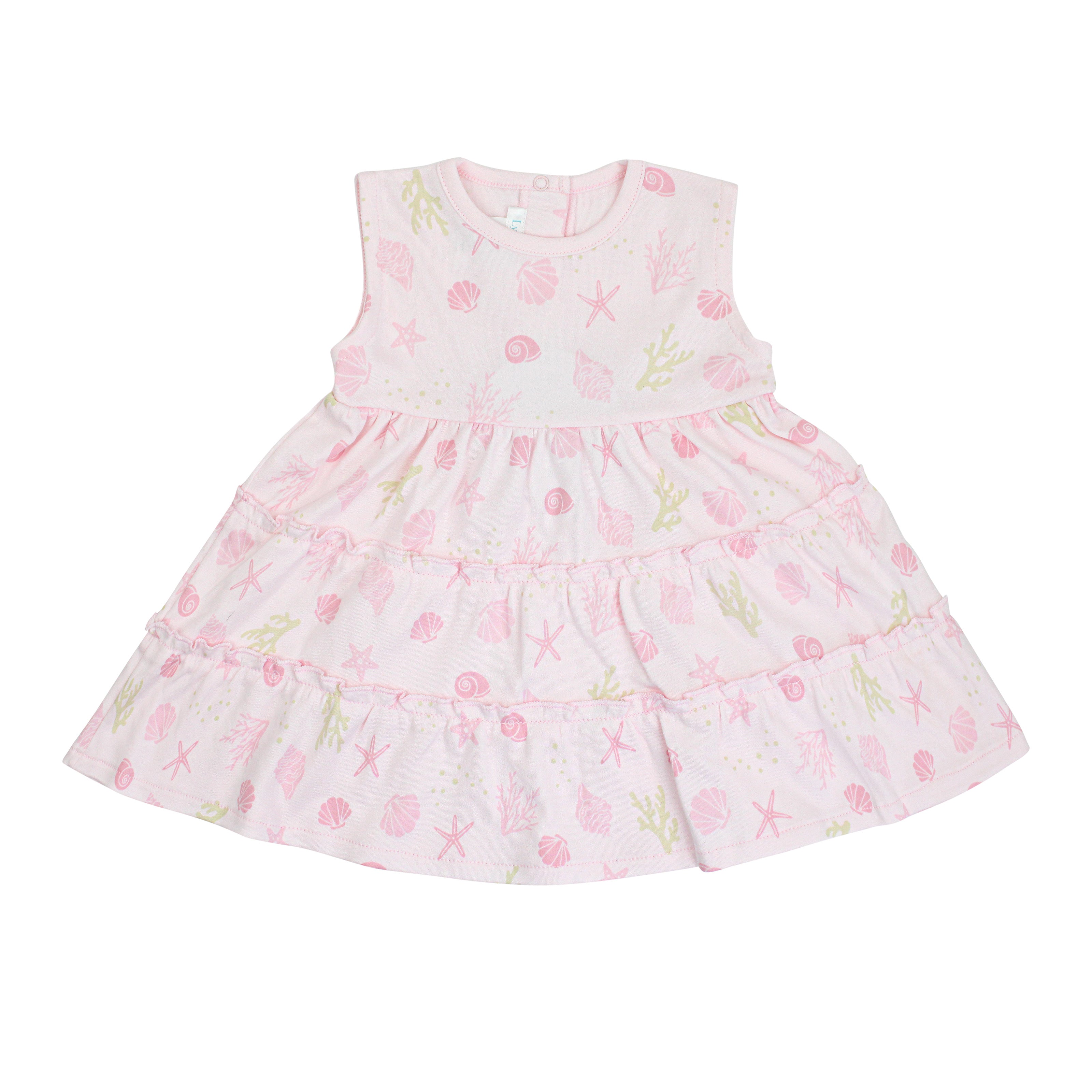 Sleeveless baby girl dress in Peruvian Pima cotton with seashells print and double ruffle skirt — light, breathable, and ideal for sunny days.