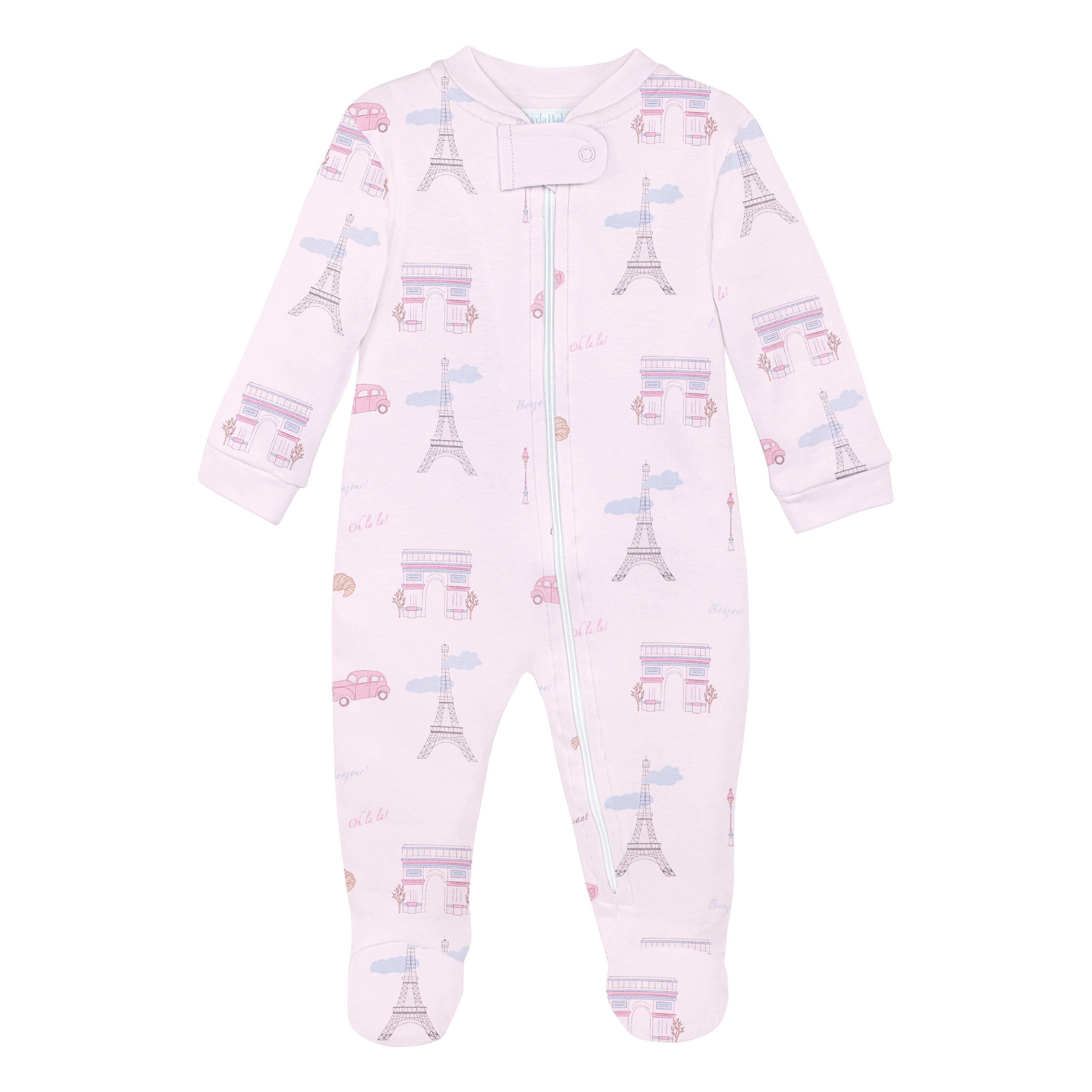 Luxury pink newborn zipper footie with Paris inspired print including Eiffel Tower crafted from premium Peruvian Pima cotton.