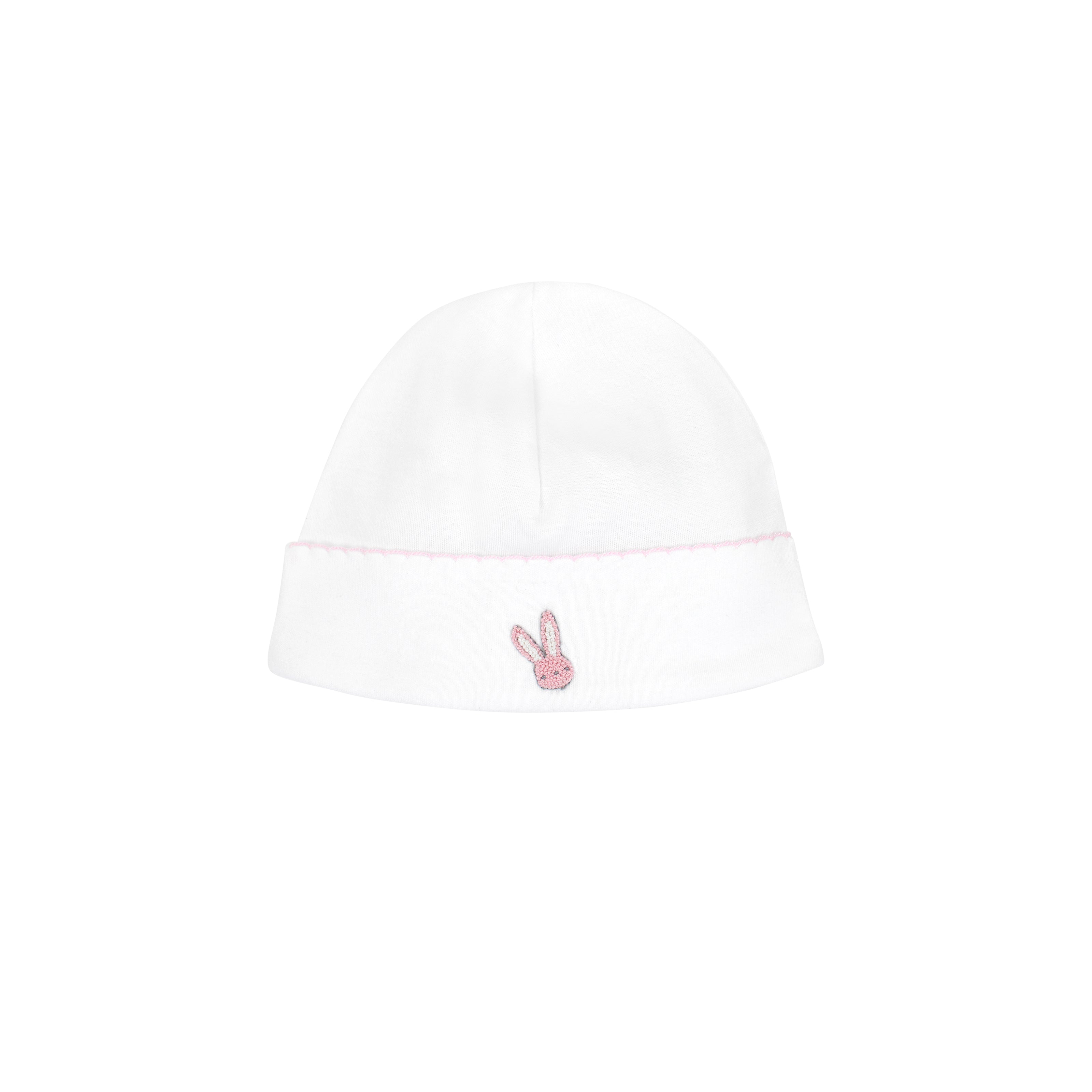 Sweet rabbits hand embroidery on baby girl hat crafted from soft organic Peruvian Pima cotton — breathable, gentle, and cozy.