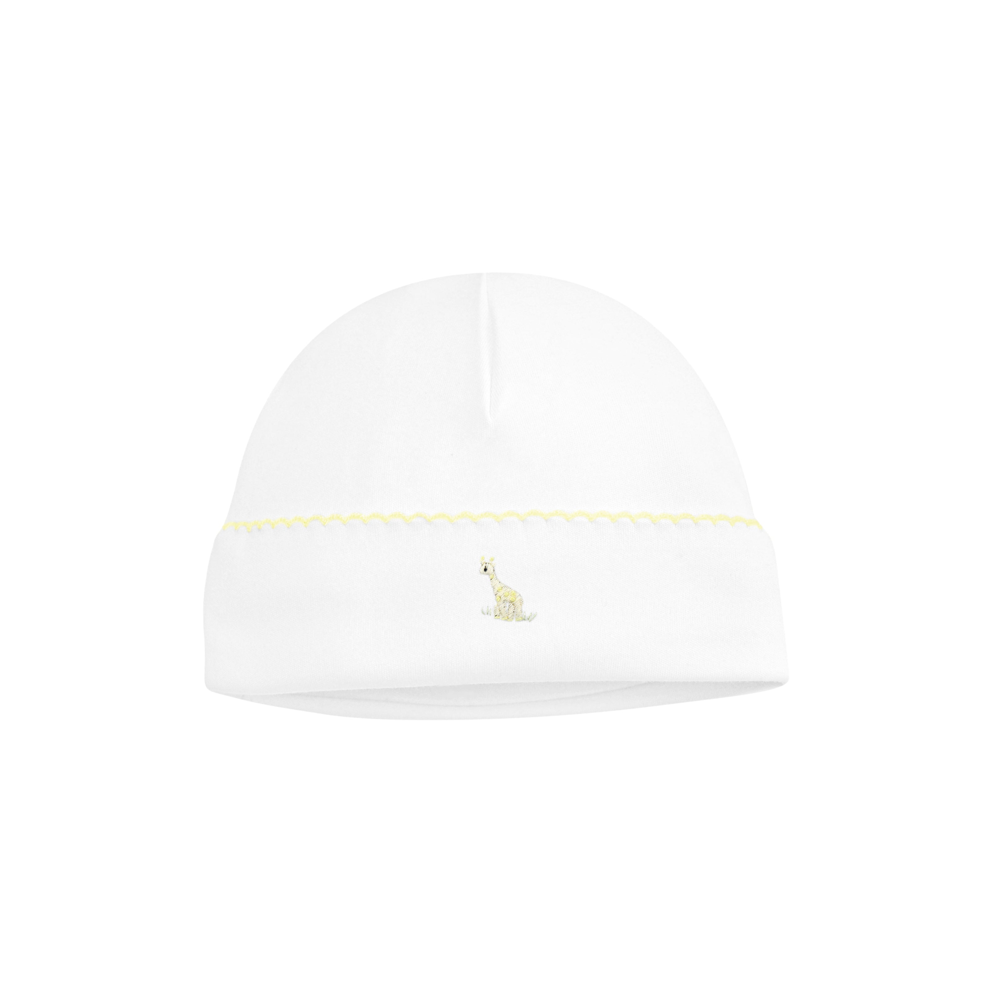 Colorful safari-themed hand embroidery on unisex baby hat crafted with soft organic Peruvian Pima cotton — breathable, gentle, and cozy.