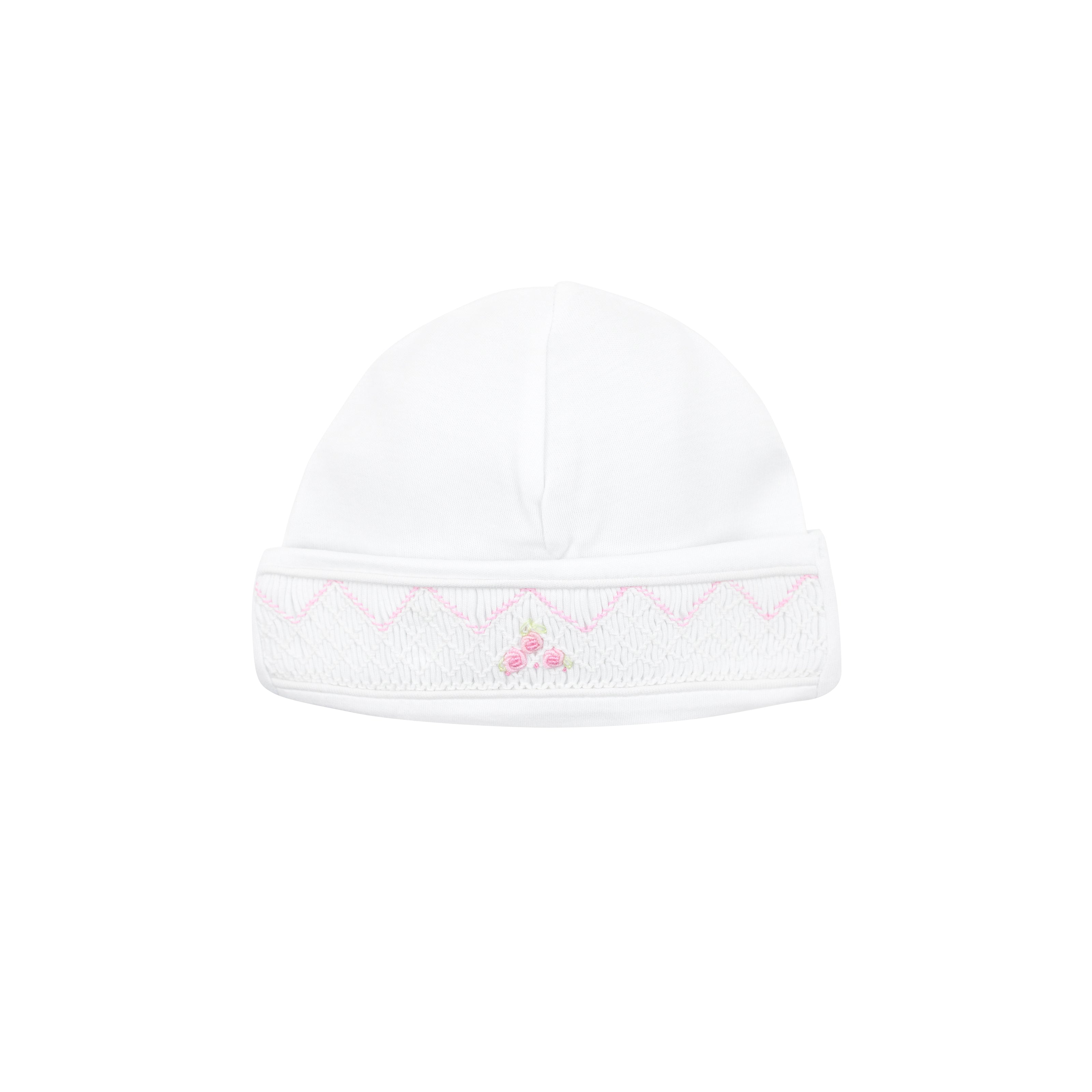 Lovely smock roses hand-embroidered on baby girl hat made with soft Peruvian Pima cotton — breathable, gentle, and skin-loving.