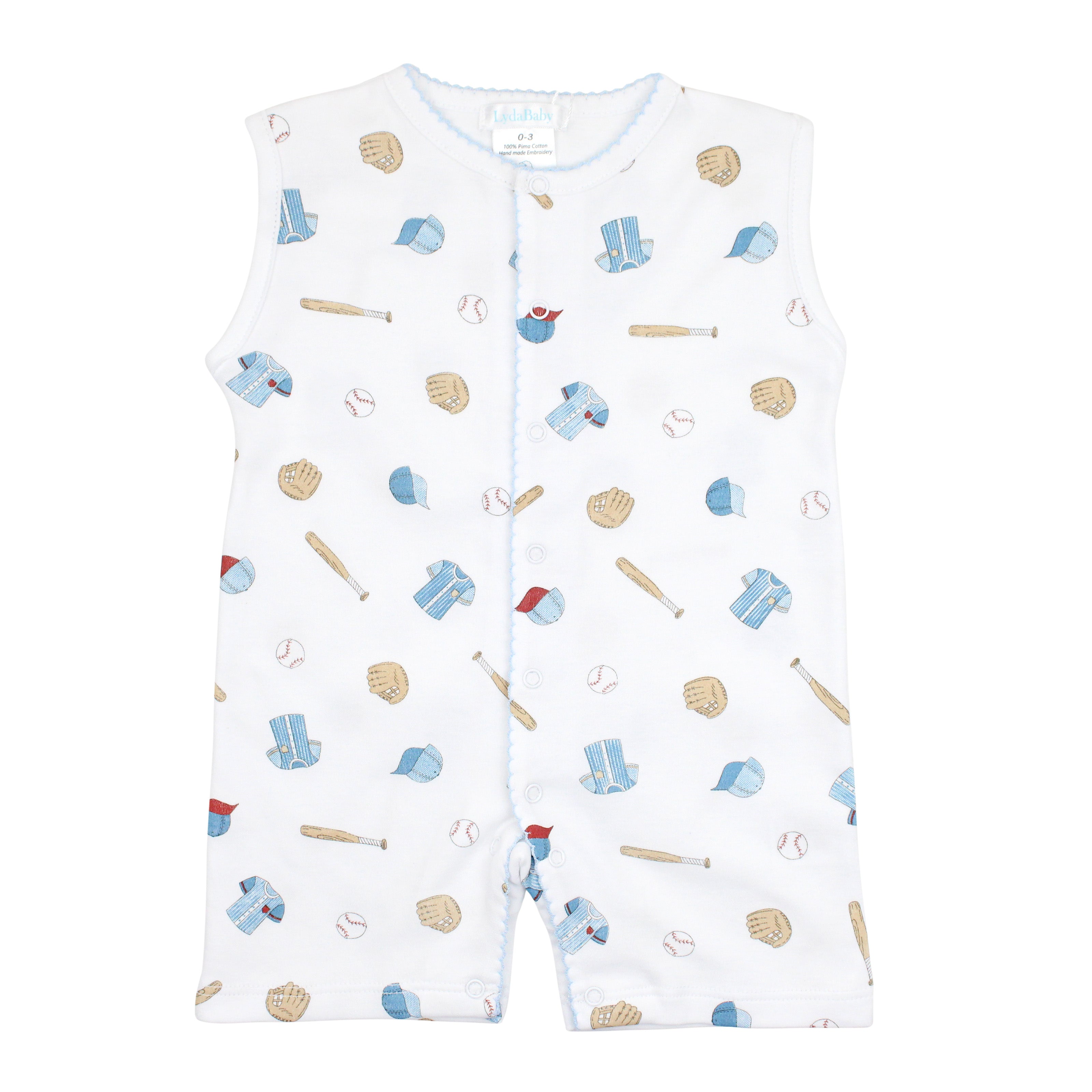 Light and comfy baby boy romper featuring a fun baseball print on breathable Peruvian Pima cotton — ideal for little sports fans.