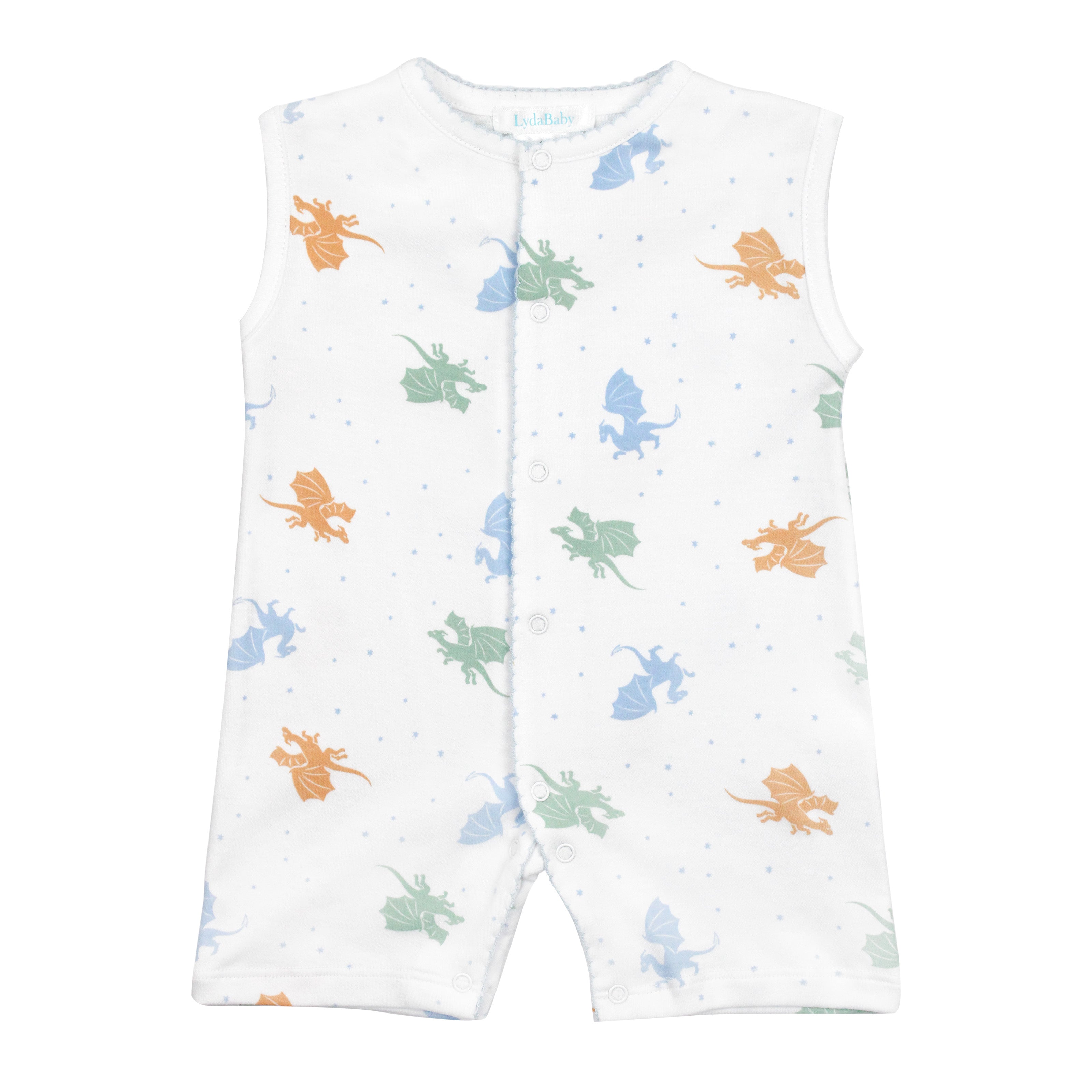 Whimsical baby boy romper with colorful dragon print on soft, breathable Peruvian Pima cotton — light and magical for summer.