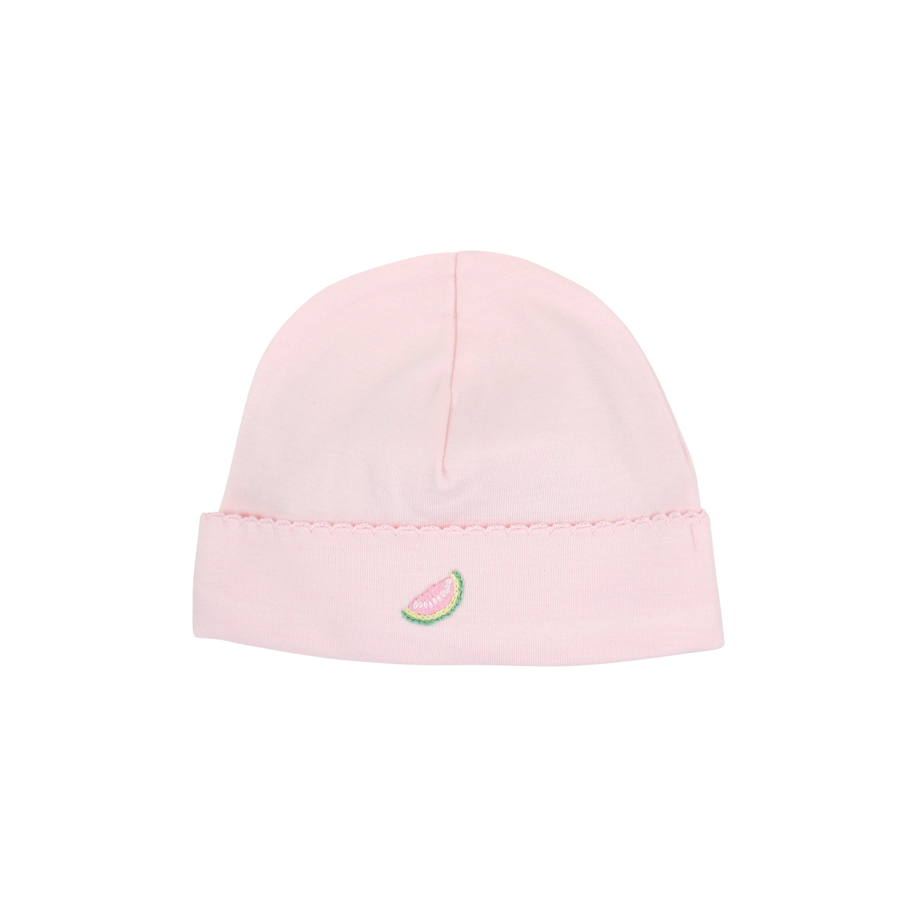 Vibrant summer fruits hand-embroidered on baby girl hat crafted with soft organic Peruvian Pima cotton — breathable, gentle, and luxurious.