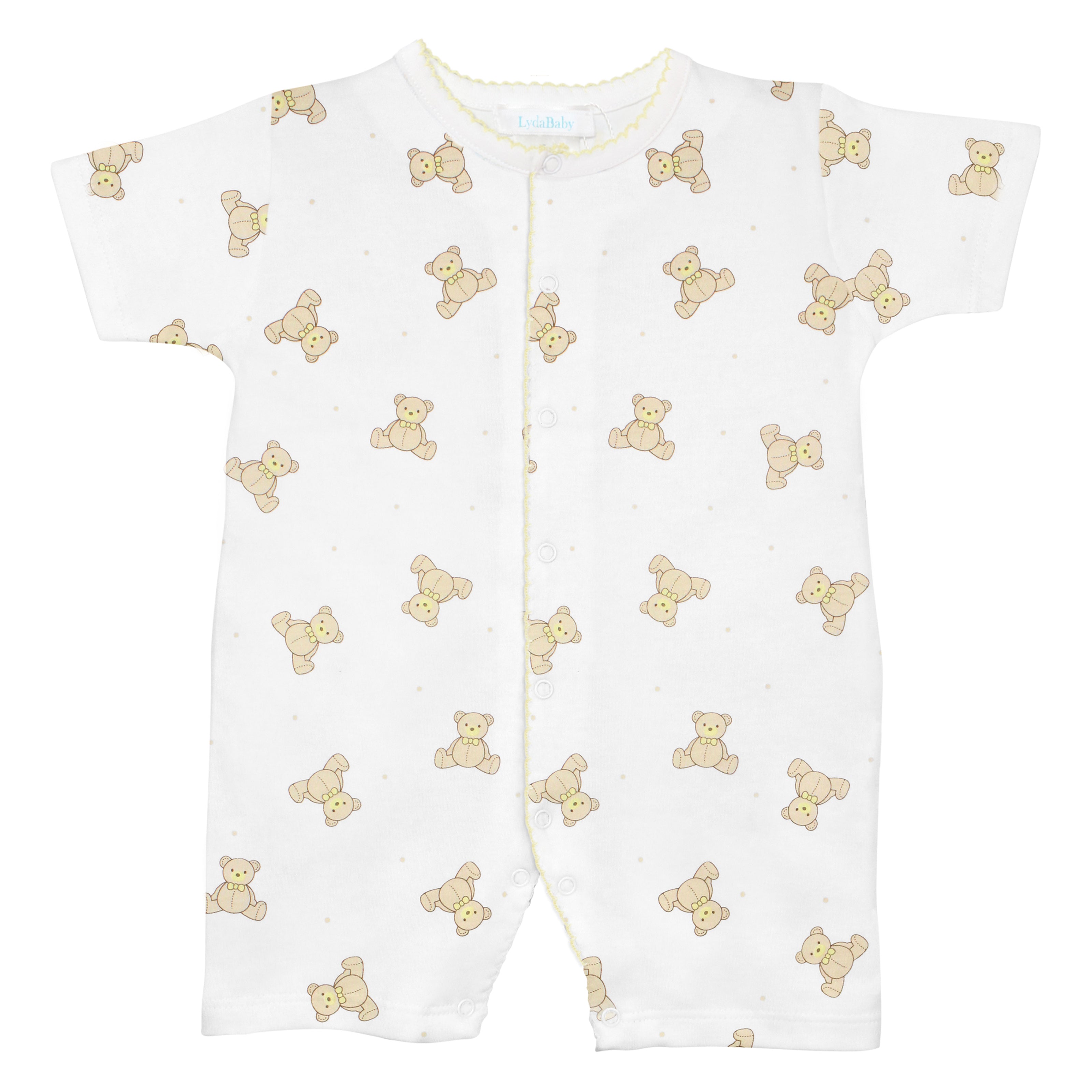 Unisex baby romper in breathable Pima cotton with sweet teddy bear print — soft, cozy, and playful.