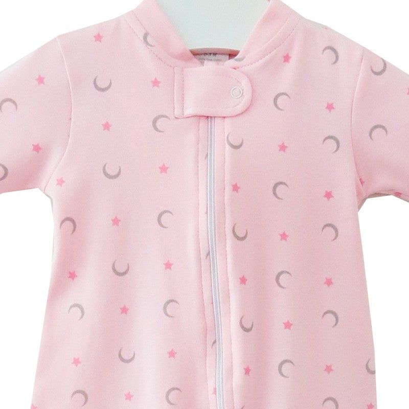 Pink pima cotton baby girl footie with moon and star print - close up