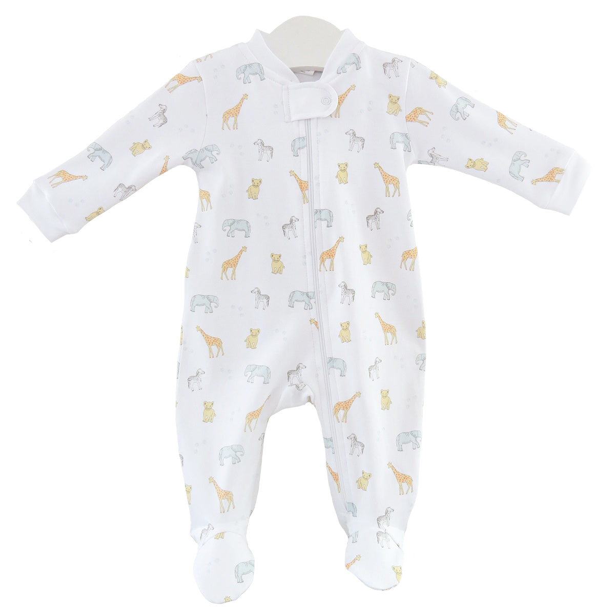 White Unisex Baby Footie with Safari Animals Print in Pima Cotton