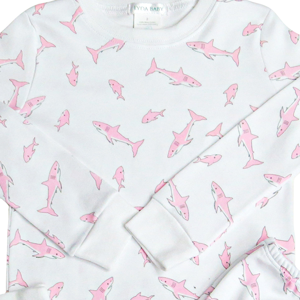 Girl White Pima Cotton Kids Shark Pajama - zoomed in