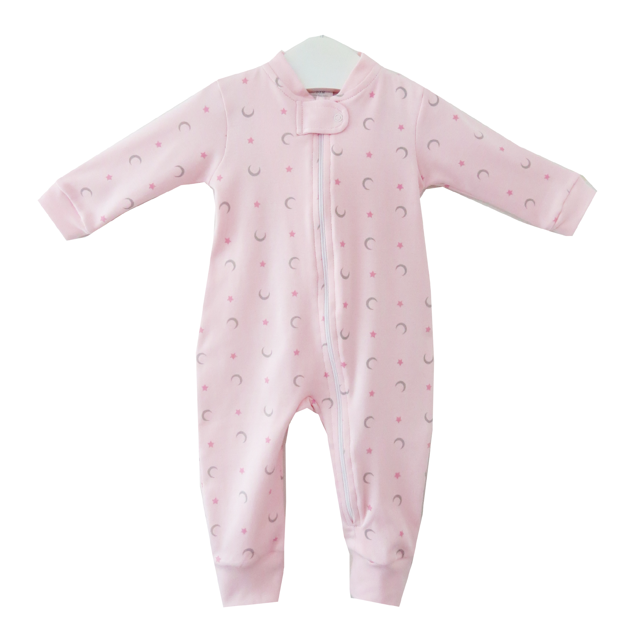 Pink pima cotton baby girl footie with moon and star print