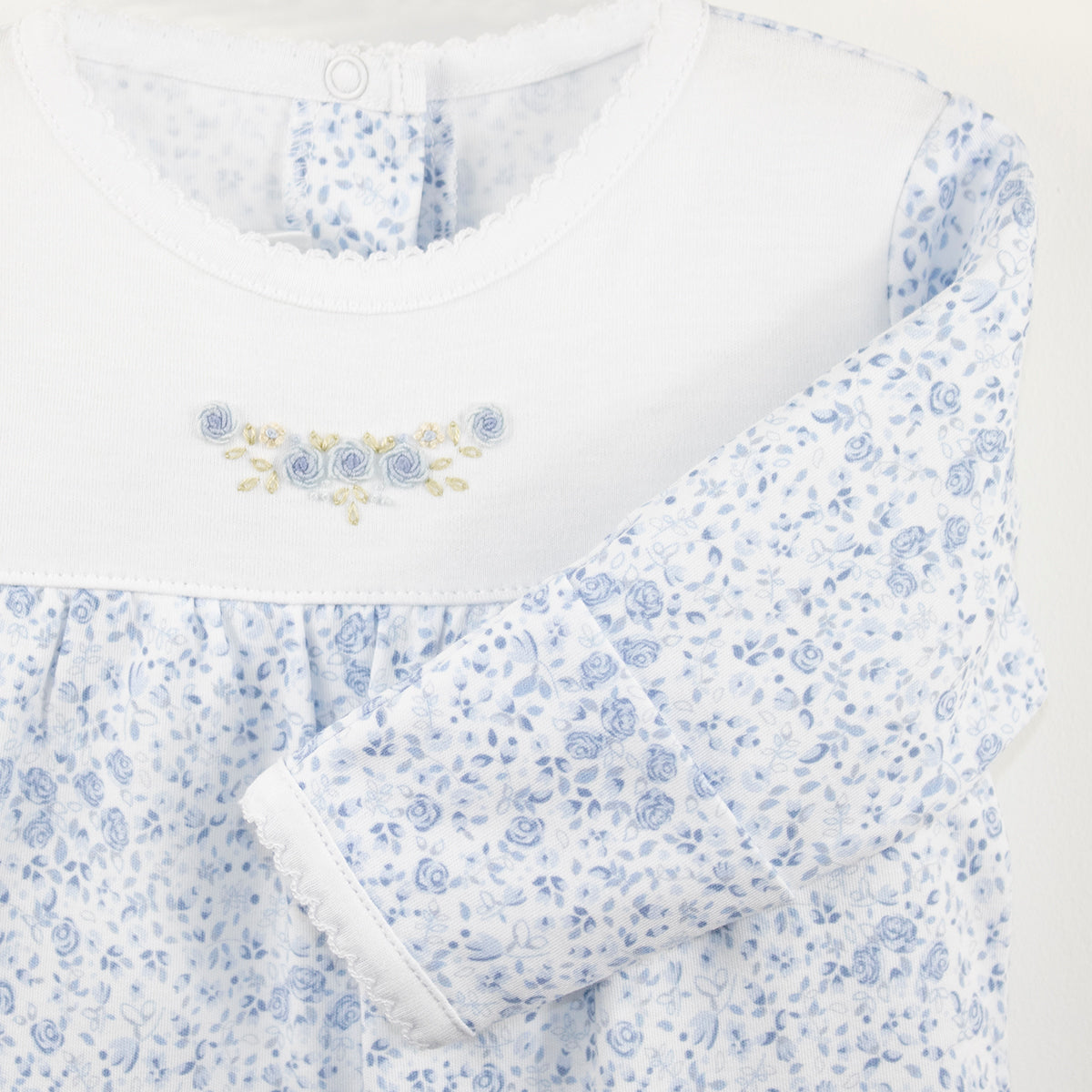 Blue Roses Embroidery and Printed Footie | Baby Girl