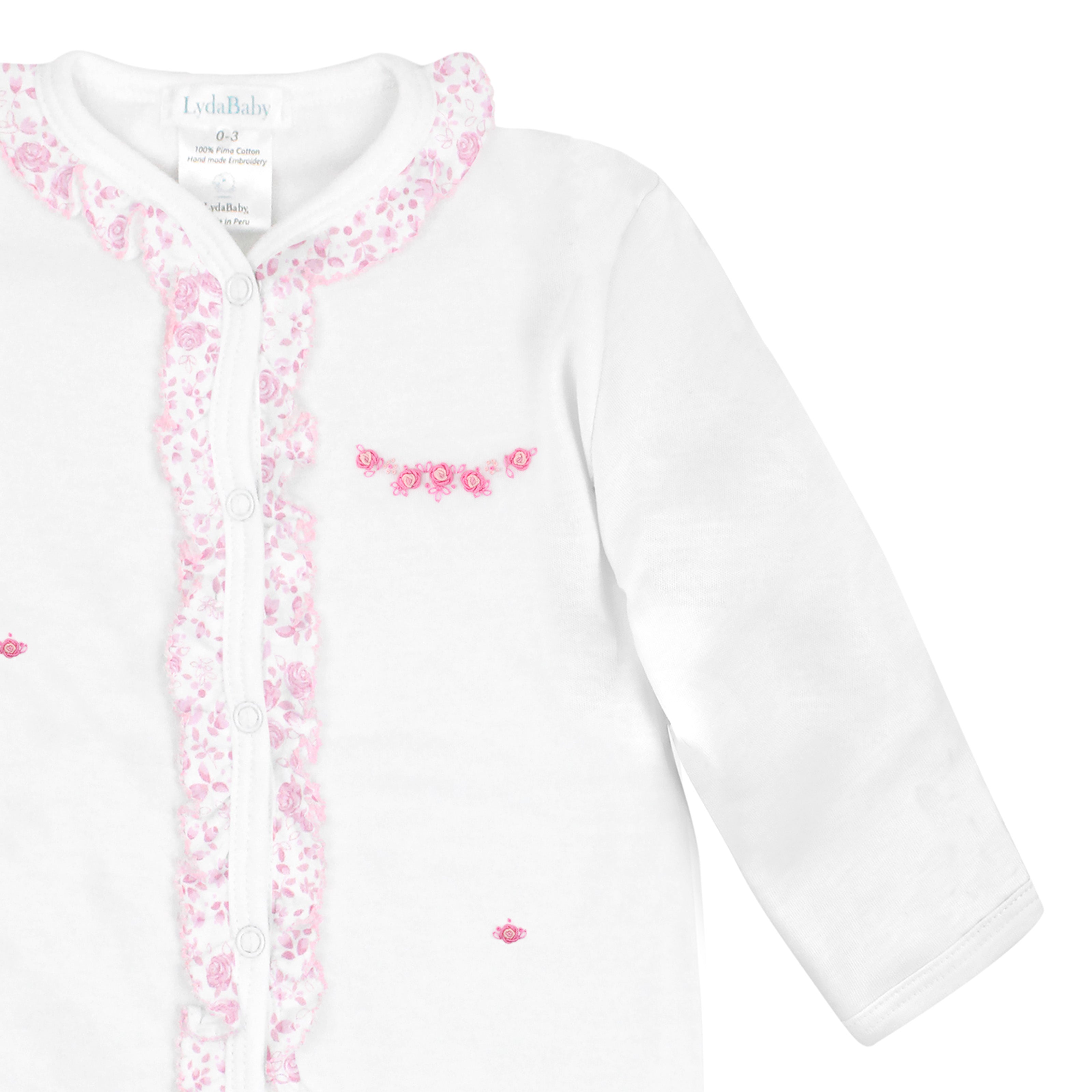 Pink Roses Garden Embroidery and Printed Footie | Baby Girl