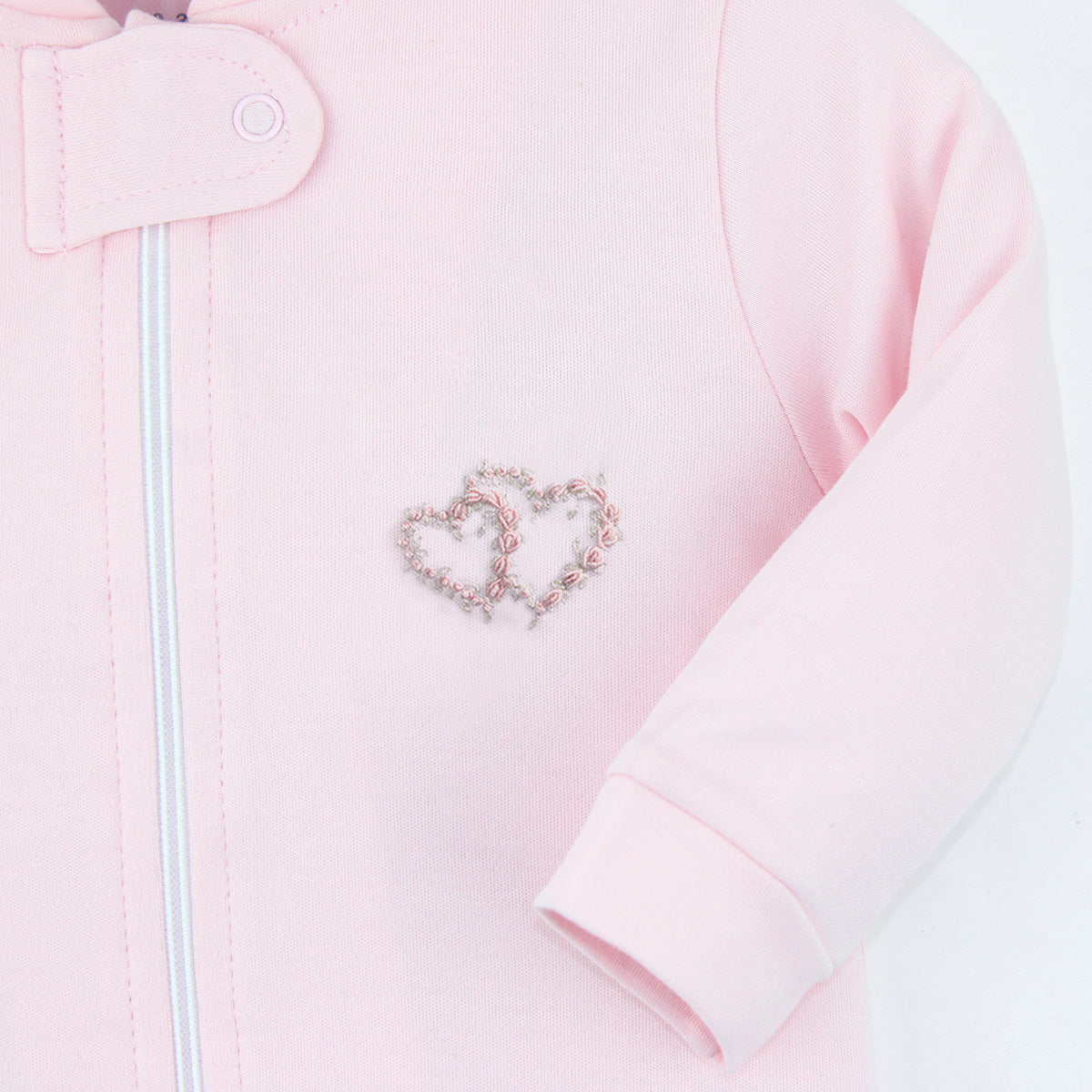 Double Roses Heart Embroidery Zipper Footie | Baby Girl