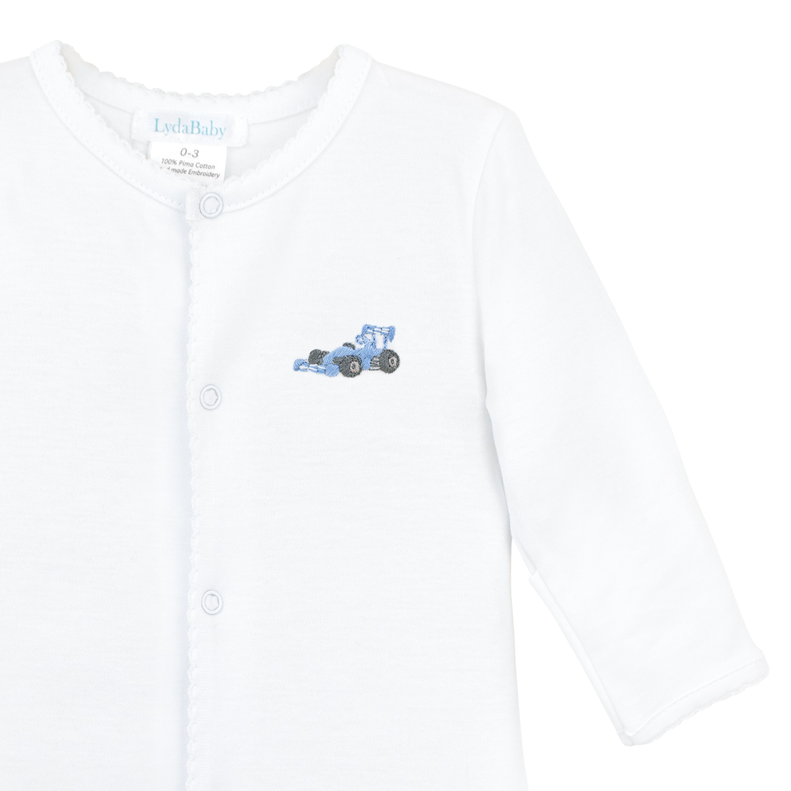 White newborn footie with hand embroidered Formula 1 race car made from ultra soft Peruvian Pima cotton.