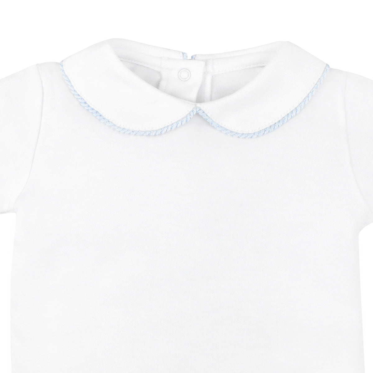 Luxury baby boy body in Peruvian Pima cotton with blue crochet collar and cuffs, long sleeves, snap closures
