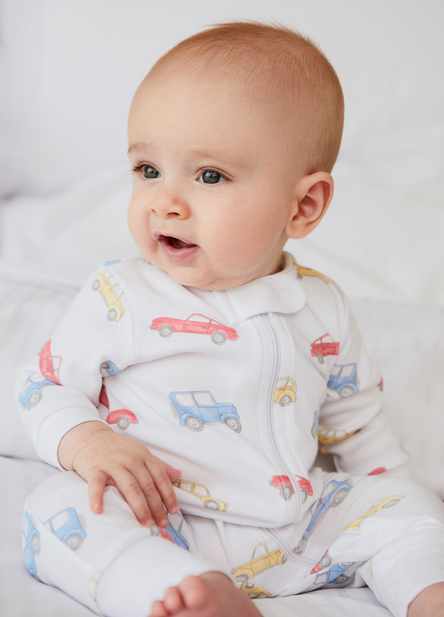 Watercolor Cars Printed Zipper Footie | Baby Boy