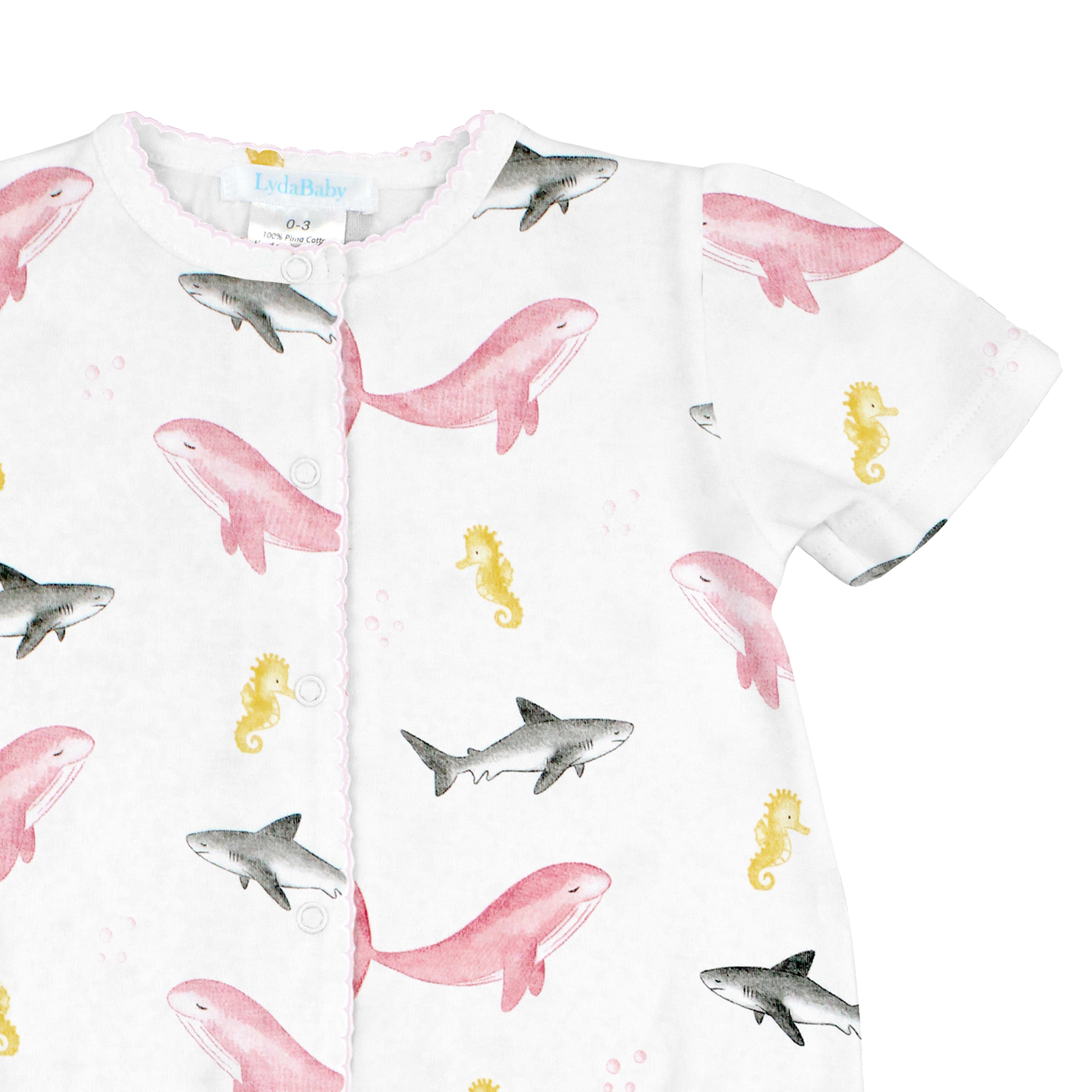 Lydababy, Baby girl romper with whale and shark print made from soft Peruvian Pima cotton.