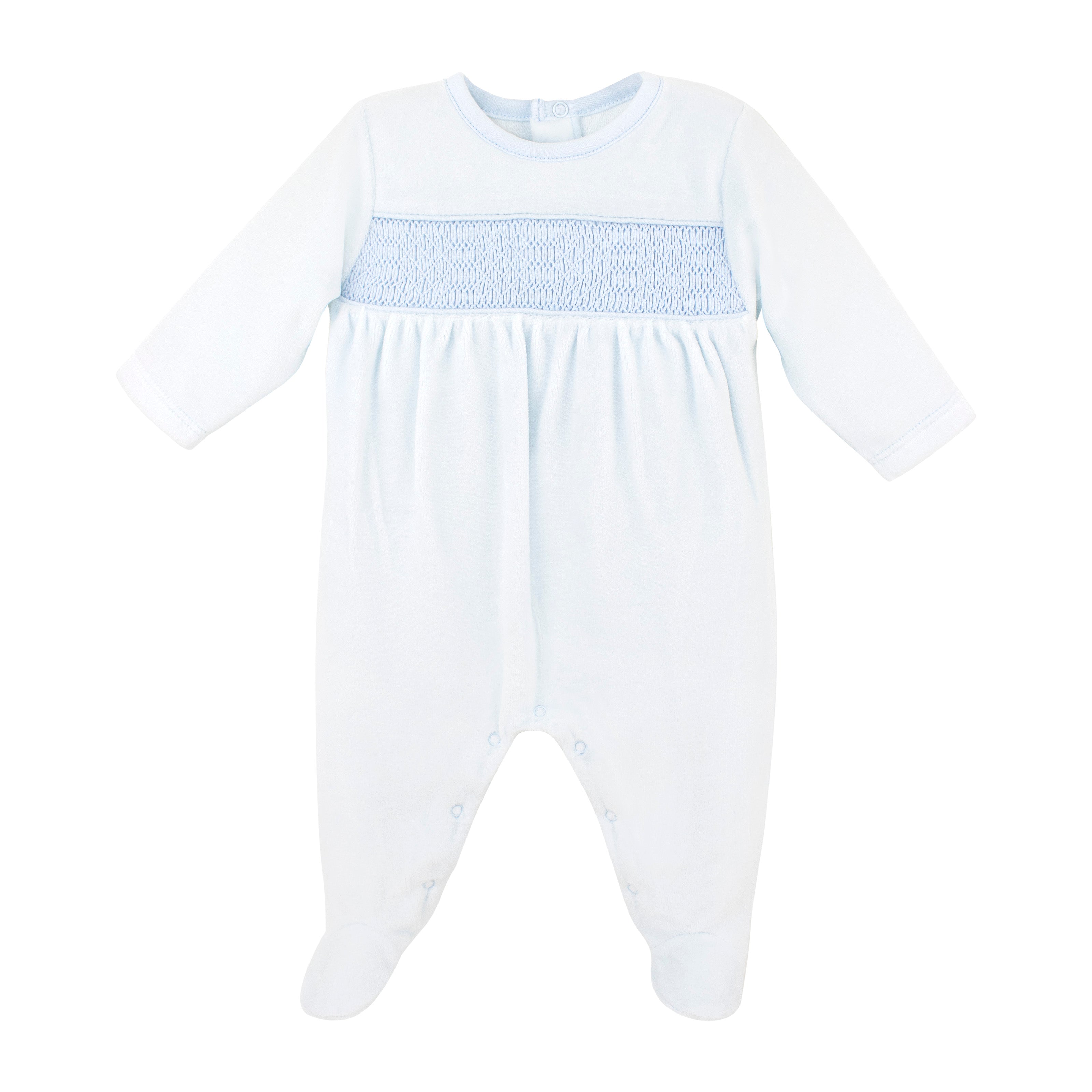 Smock Velour Light Blue Cotton Collection Footie |  Baby Boy