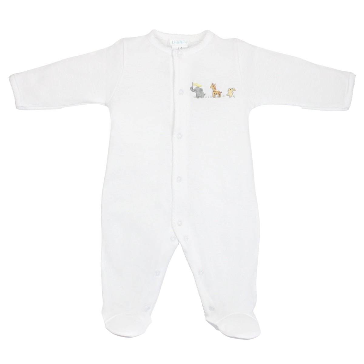 Hand Embroidered Baby Animals Footie for Baby Unisex, white