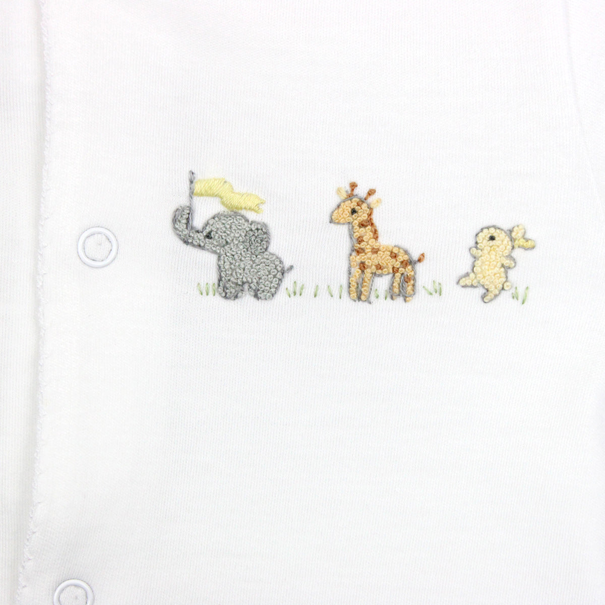 Hand Embroidered Baby Animals Footie for Baby Unisex, white, zoomed in