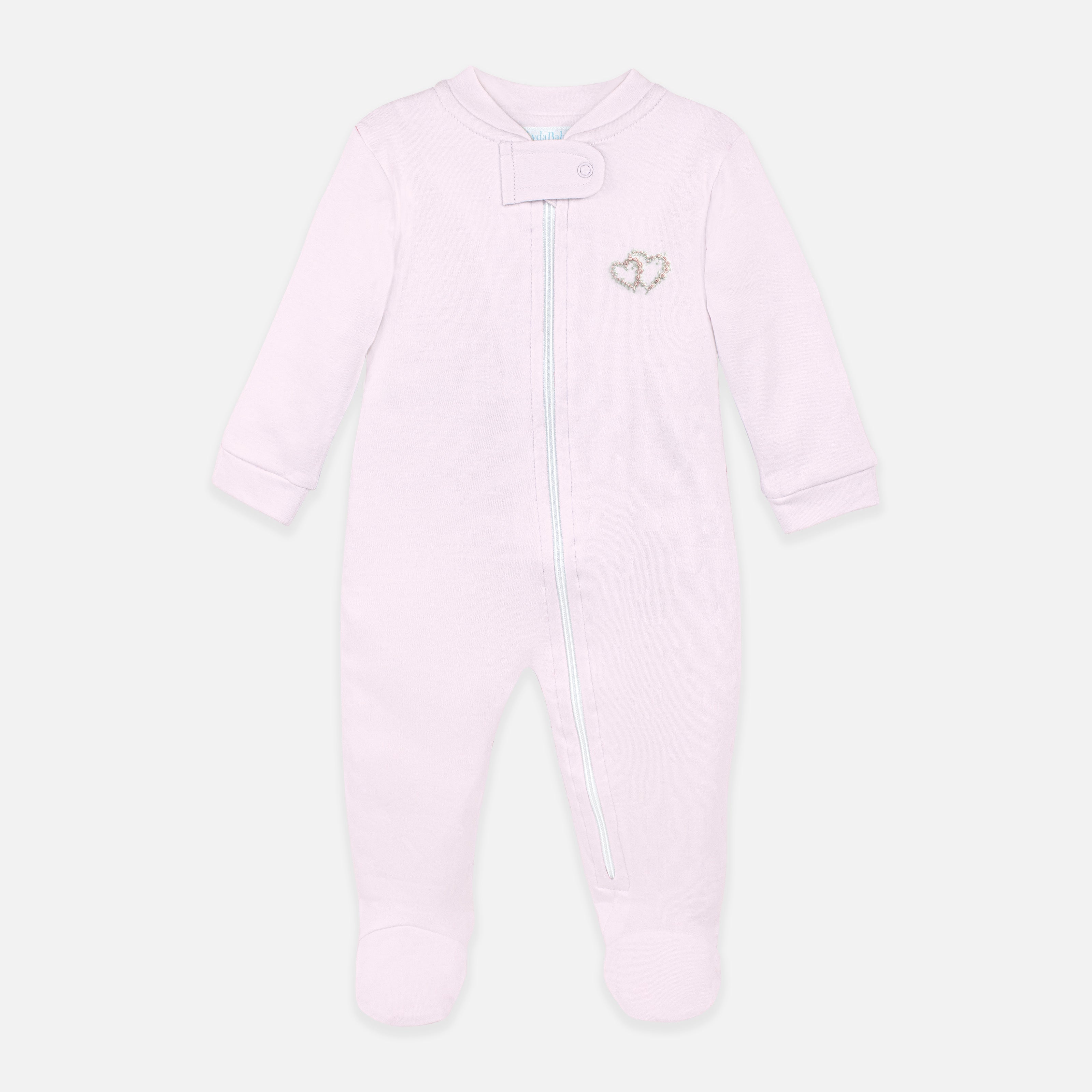 Double Roses Heart Embroidery Zipper Footie | Baby Girl