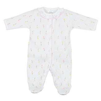 White Pima Cotton Footie for Baby Girl w Tulip Flowers Print